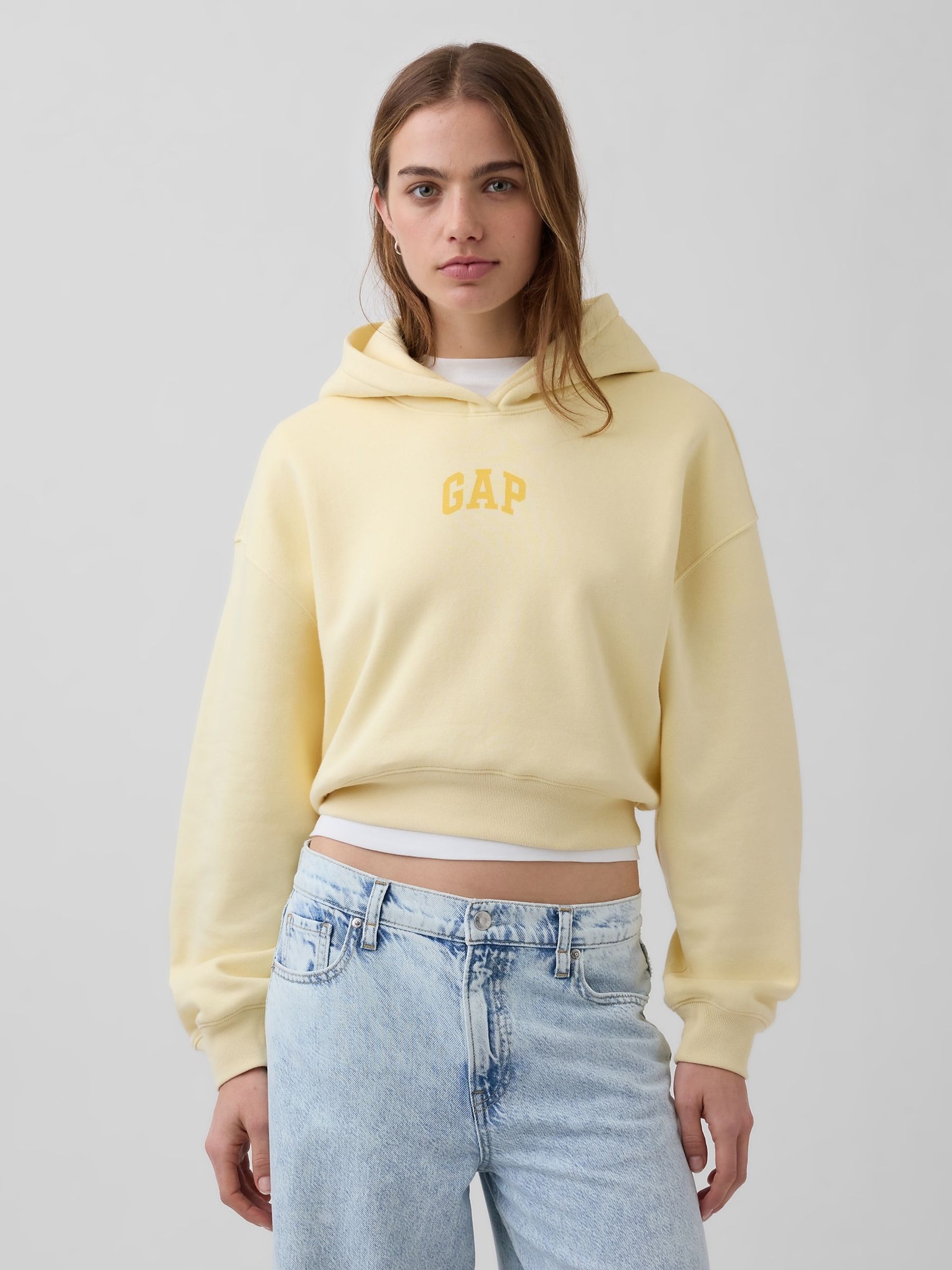 Yellow VintageSoft Oversized Crop Logo Hoodie - Image 1 of 5 Yellow VintageSoft Oversized Crop Logo Hoodie - Image 1 of 5