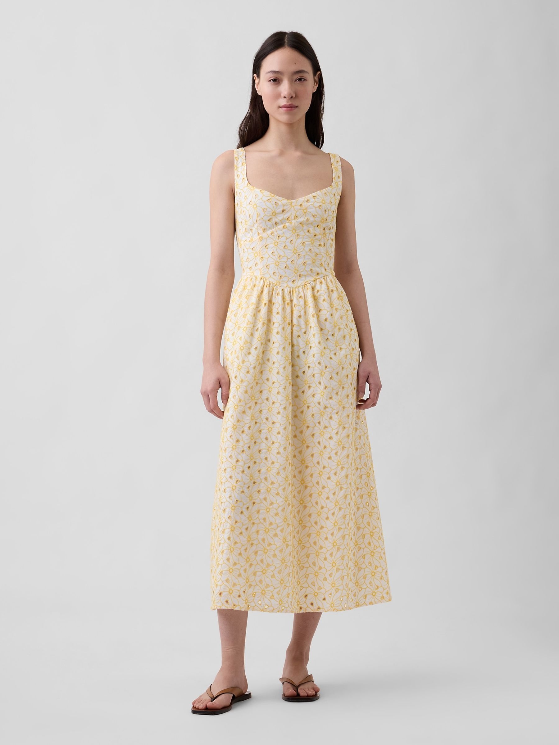 Yellow Eyelet Seamed Drop-Waist Maxi Dress - Image 1 of 4