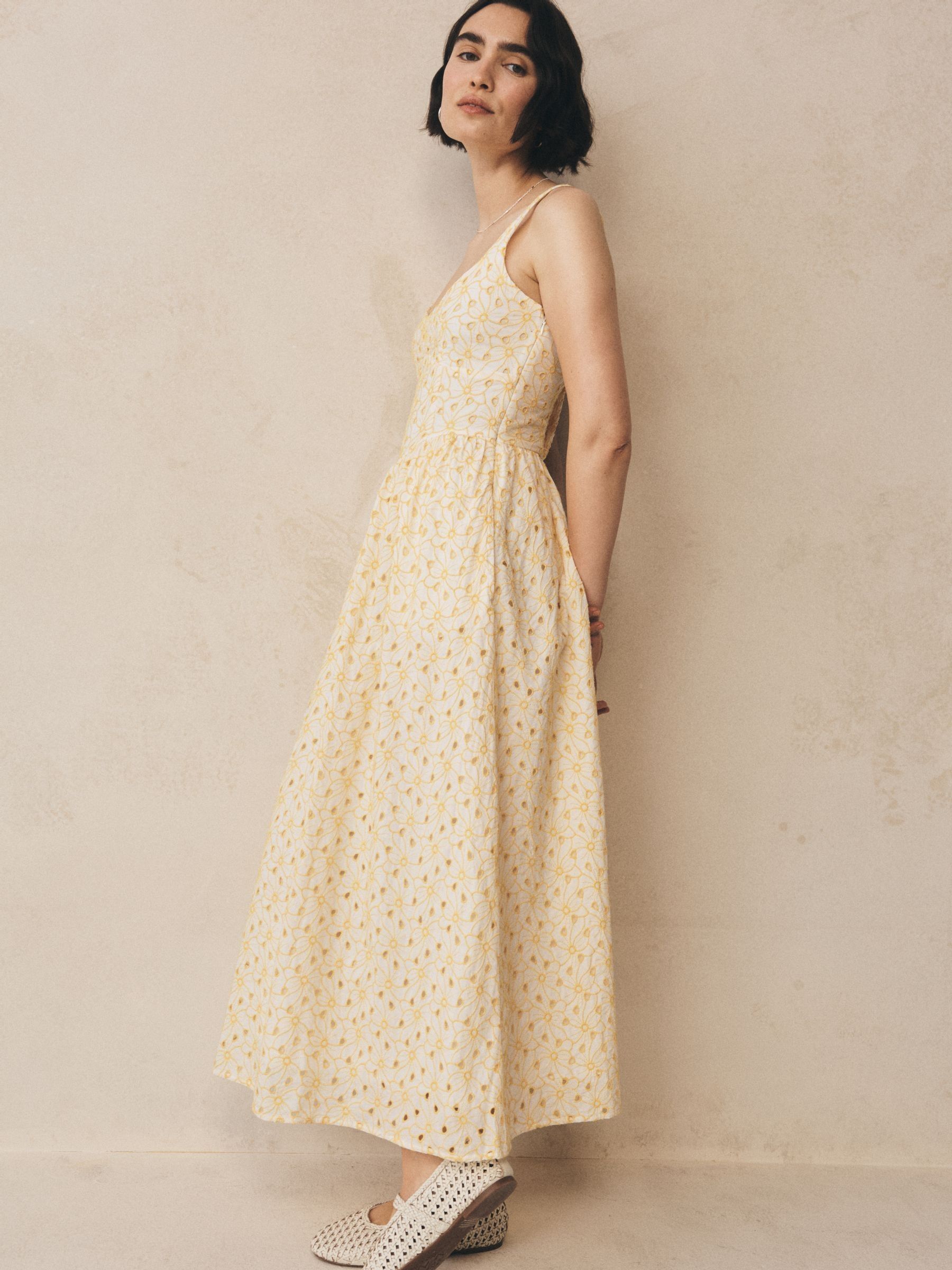 Yellow Floral Eyelet Seamed Drop-Waist Maxi Dress - Image 5 of 6