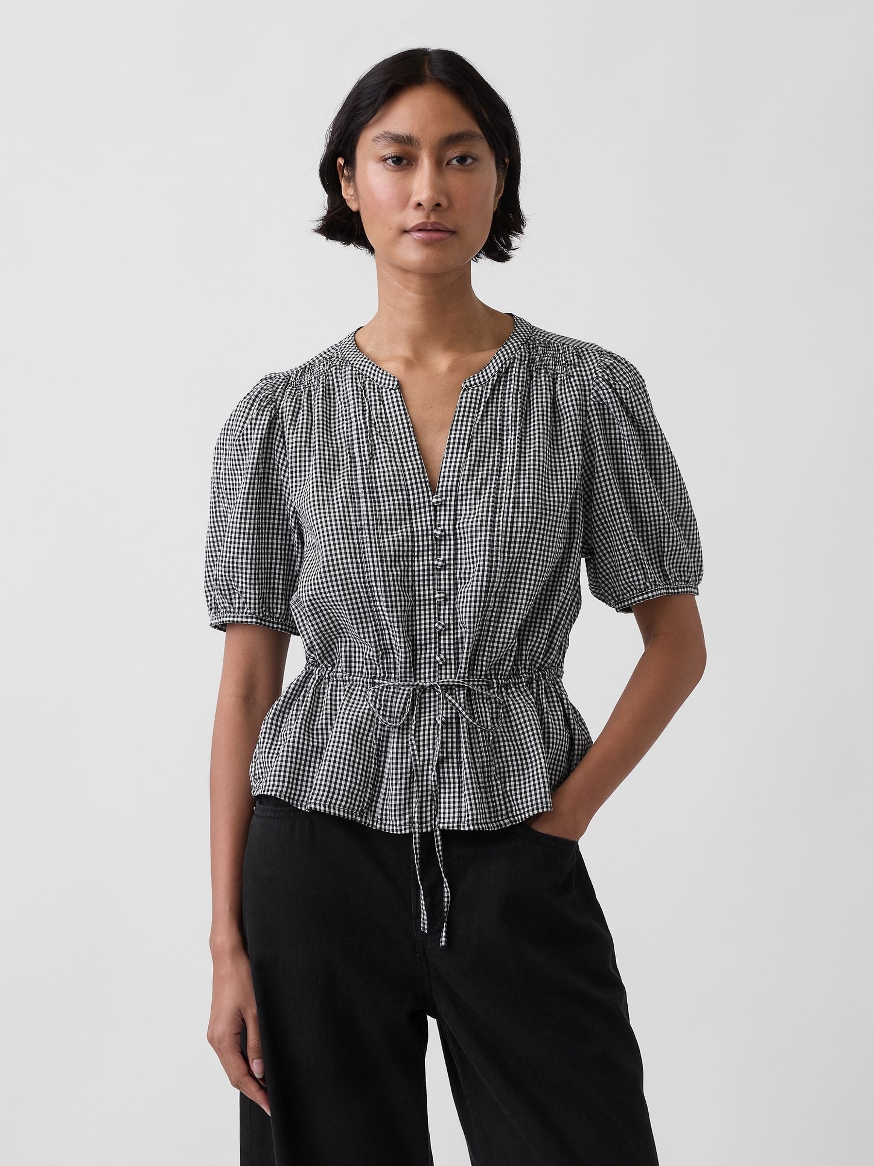 Black Gingham Elasticated Waist Top - Image 1 of 4