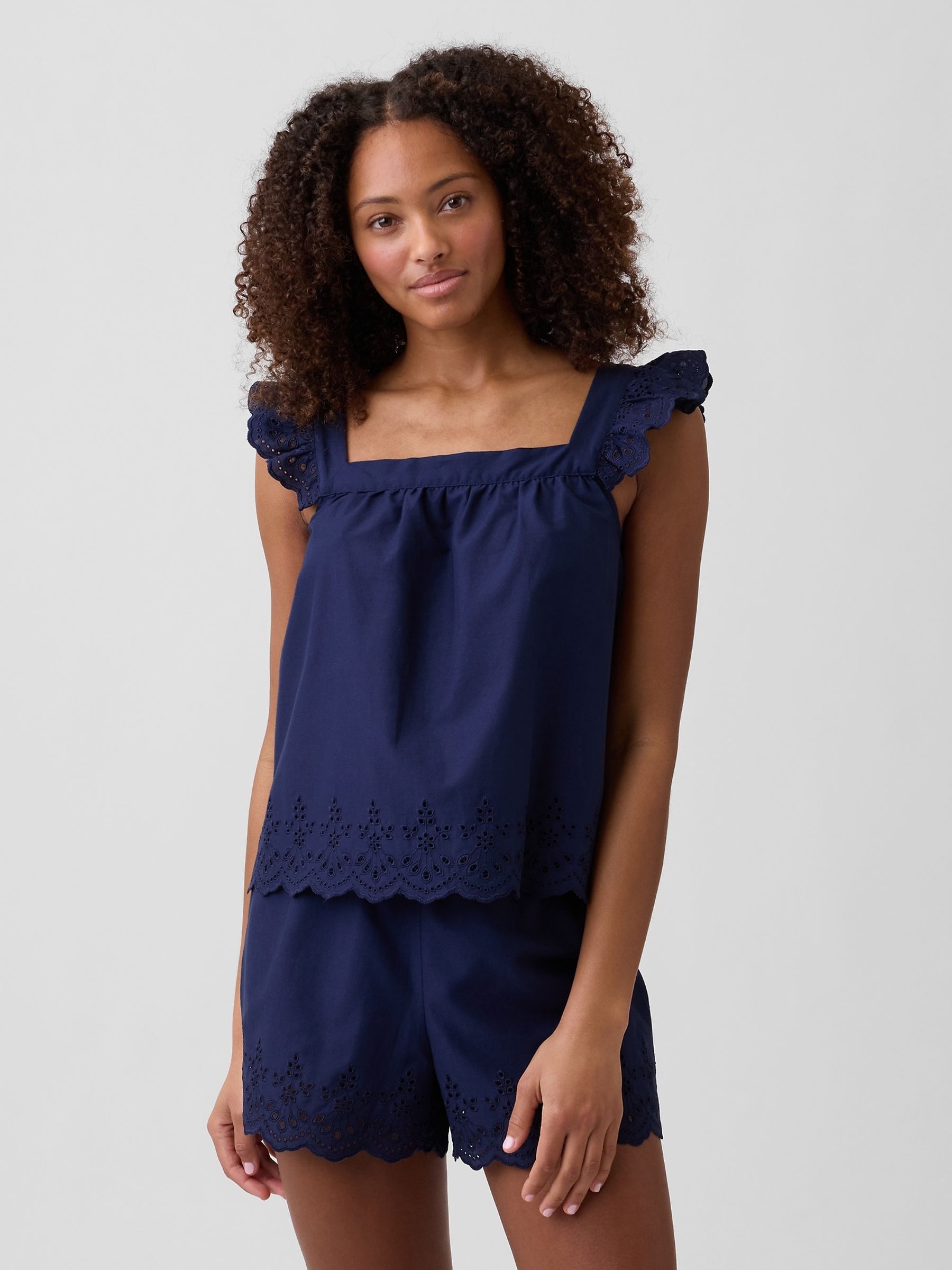 Blue Poplin Eyelet pyjama Top - Image 1 of 5