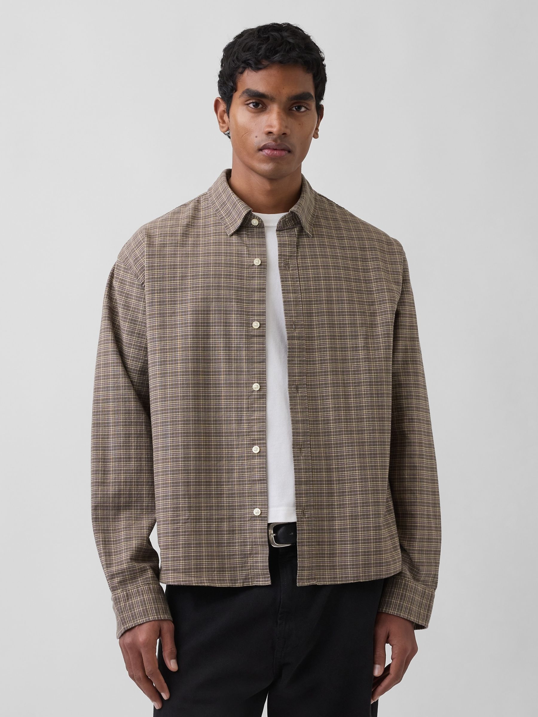 Brown Check Relaxed Straight-Hem Oxford Shirt - Image 1 of 4