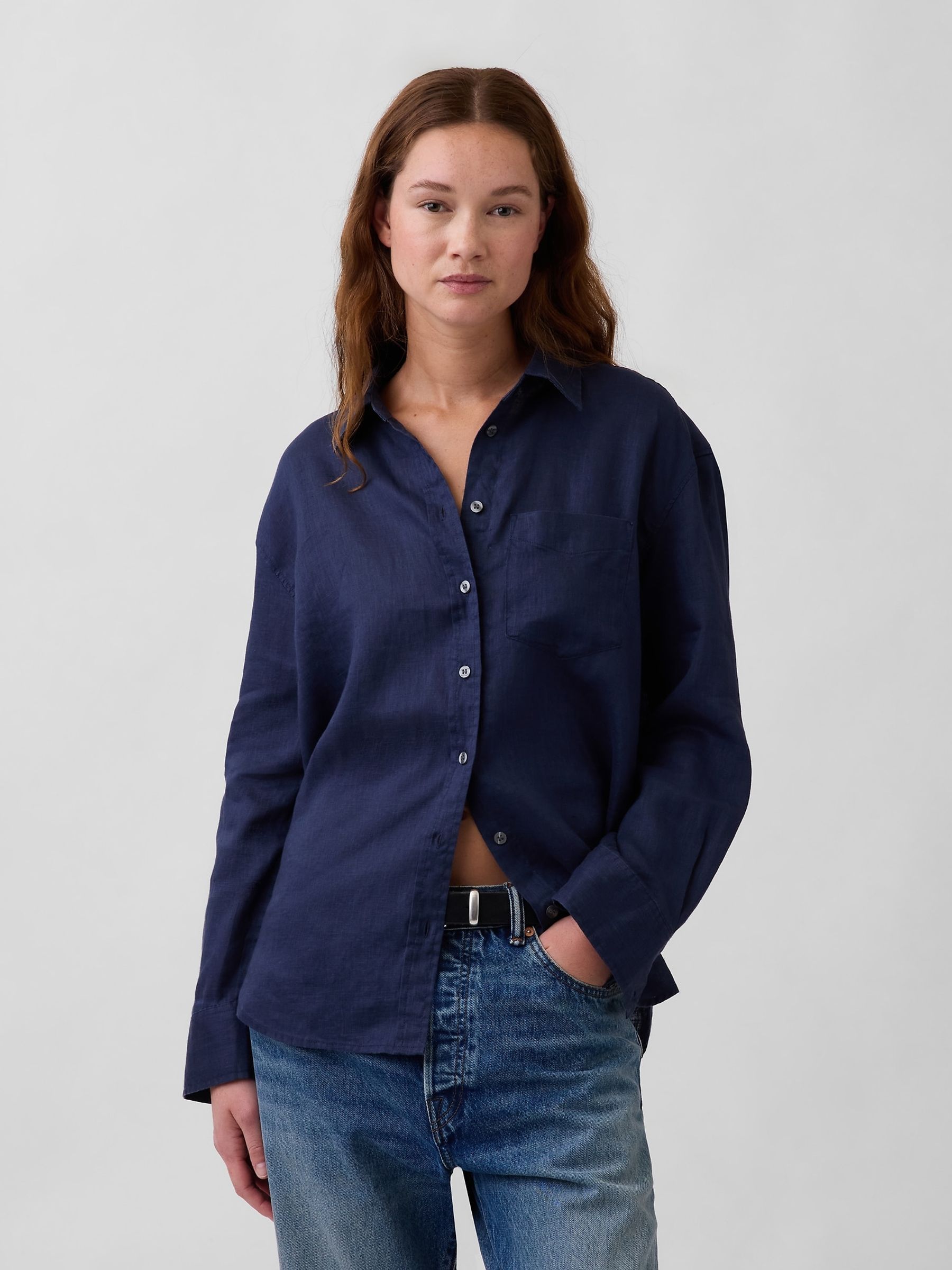 Navy Linen Oversized Shirt - Image 1 of 4