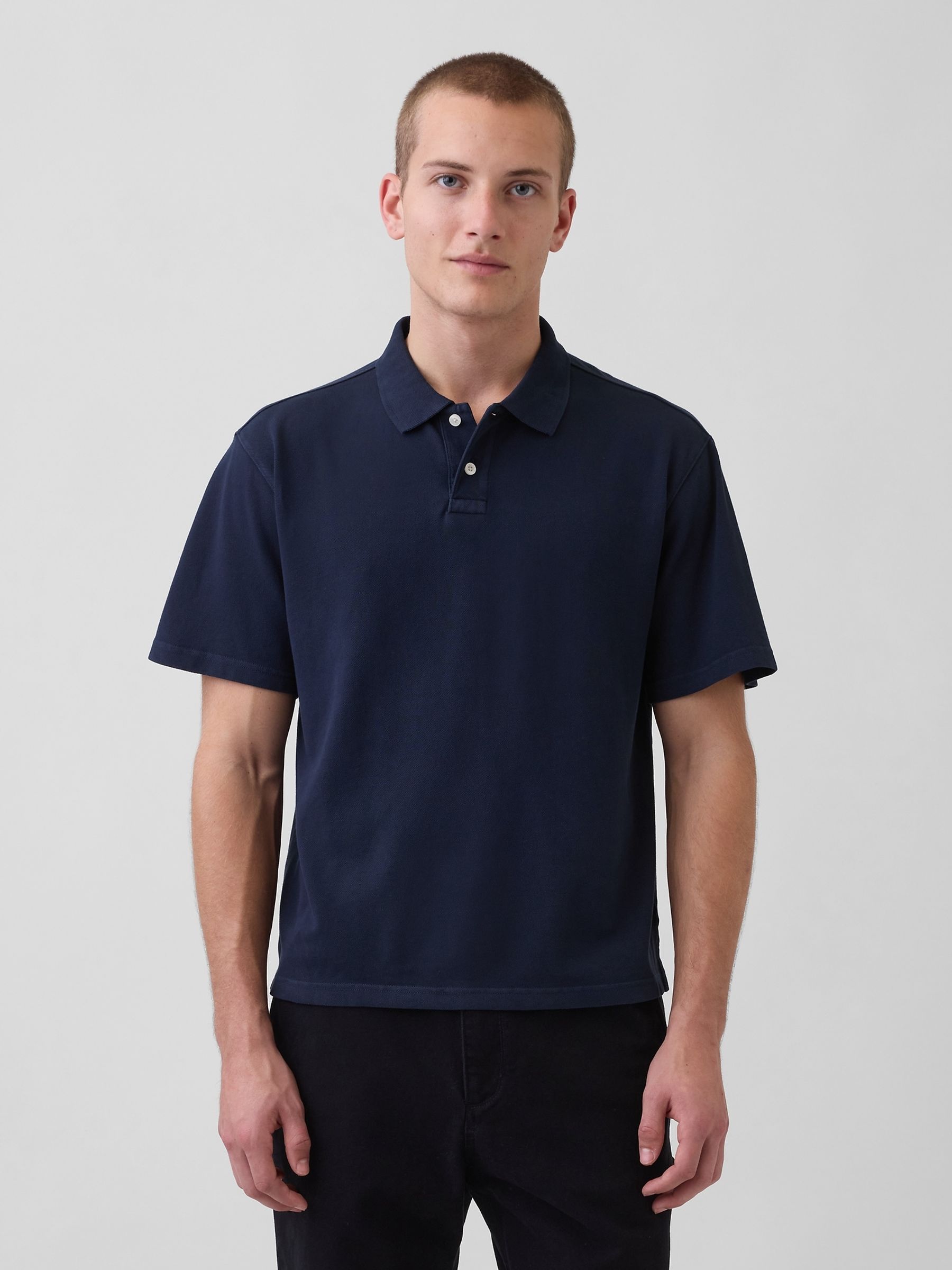Navy Relaxed Pique Polo Shirt - Image 1 of 4 Navy Relaxed Pique Polo Shirt - Image 1 of 4
