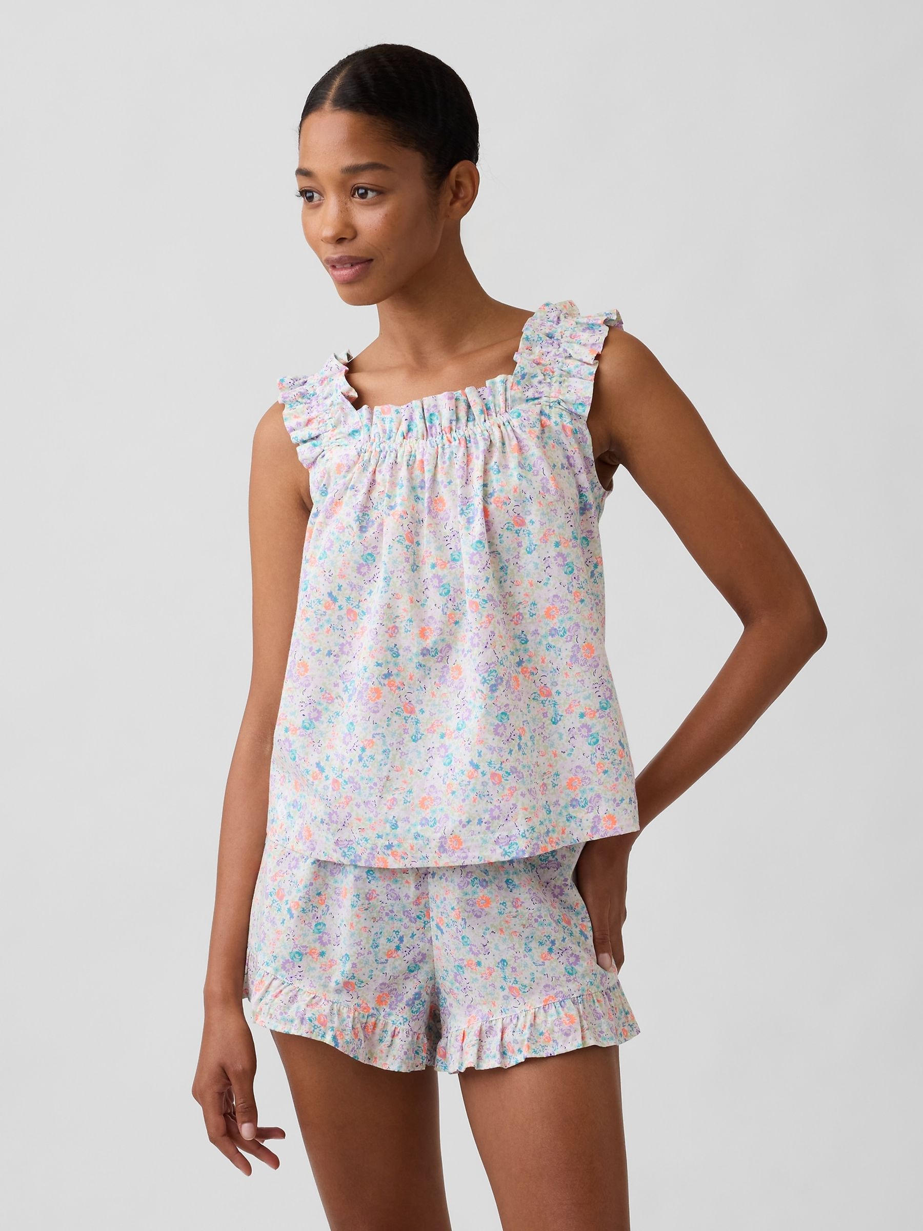 Purple Floral Ruffle Poplin Pyjama Top - Image 1 of 5