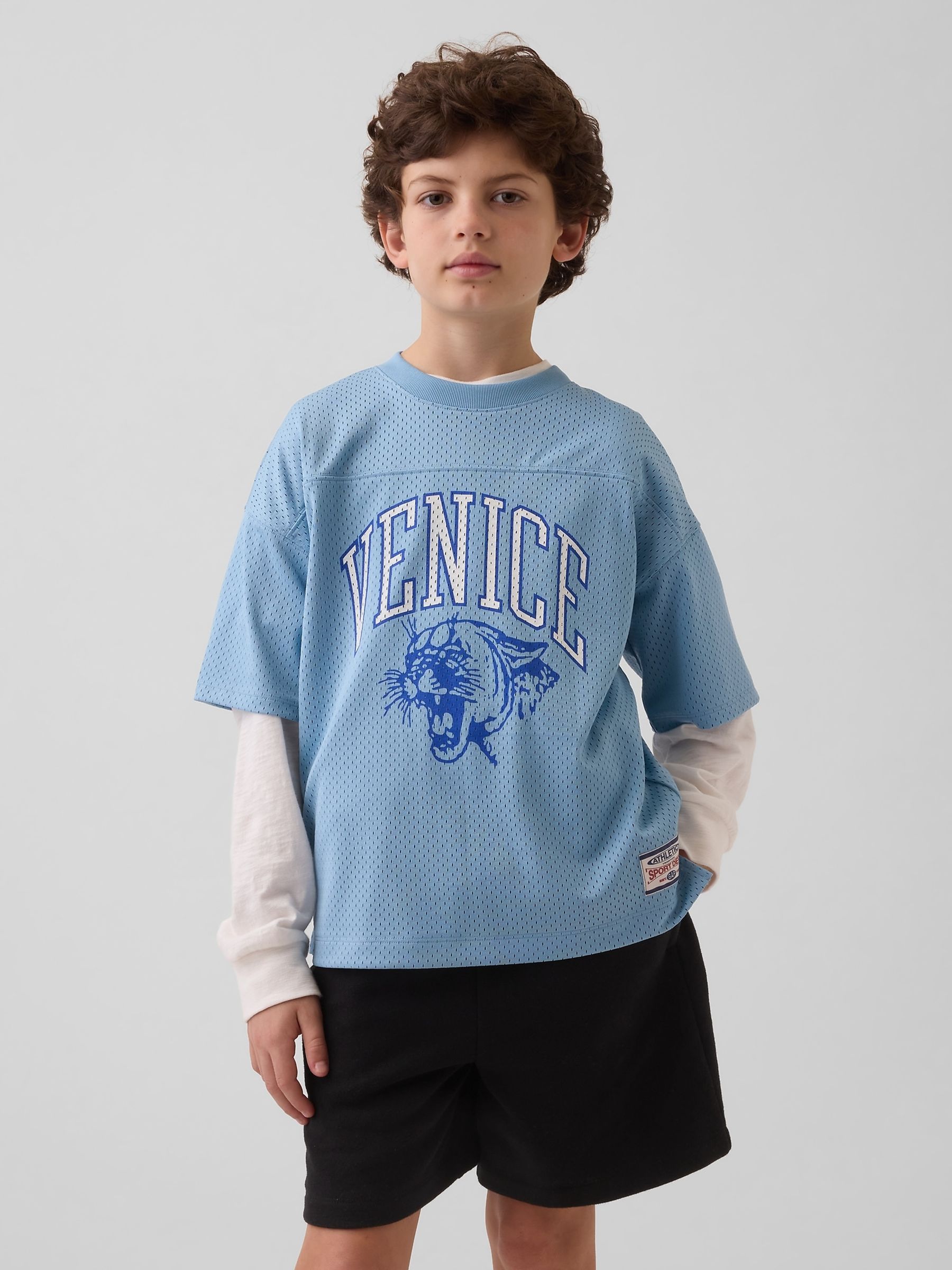 Blue Mesh Oversized Graphic Jersey T-Shirt - Image 1 of 5 Blue Mesh Oversized Graphic Jersey T-Shirt - Image 1 of 5