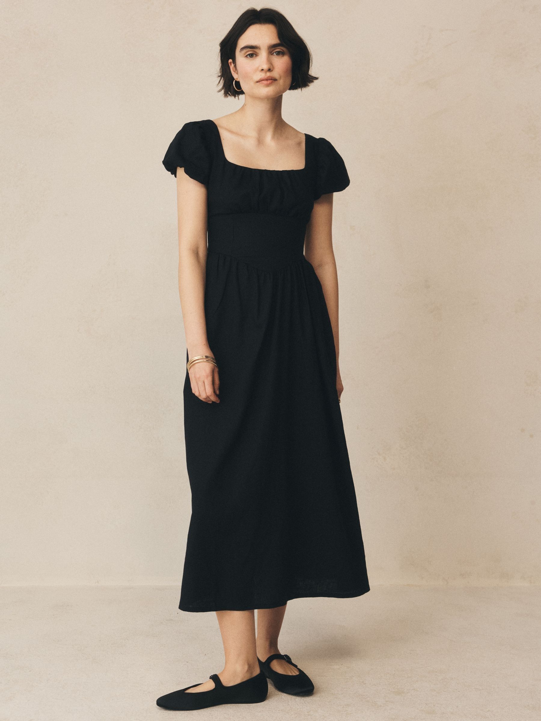 Black Linen Blend Puff Sleeve Drop-Waist Maxi Dress - Image 5 of 5