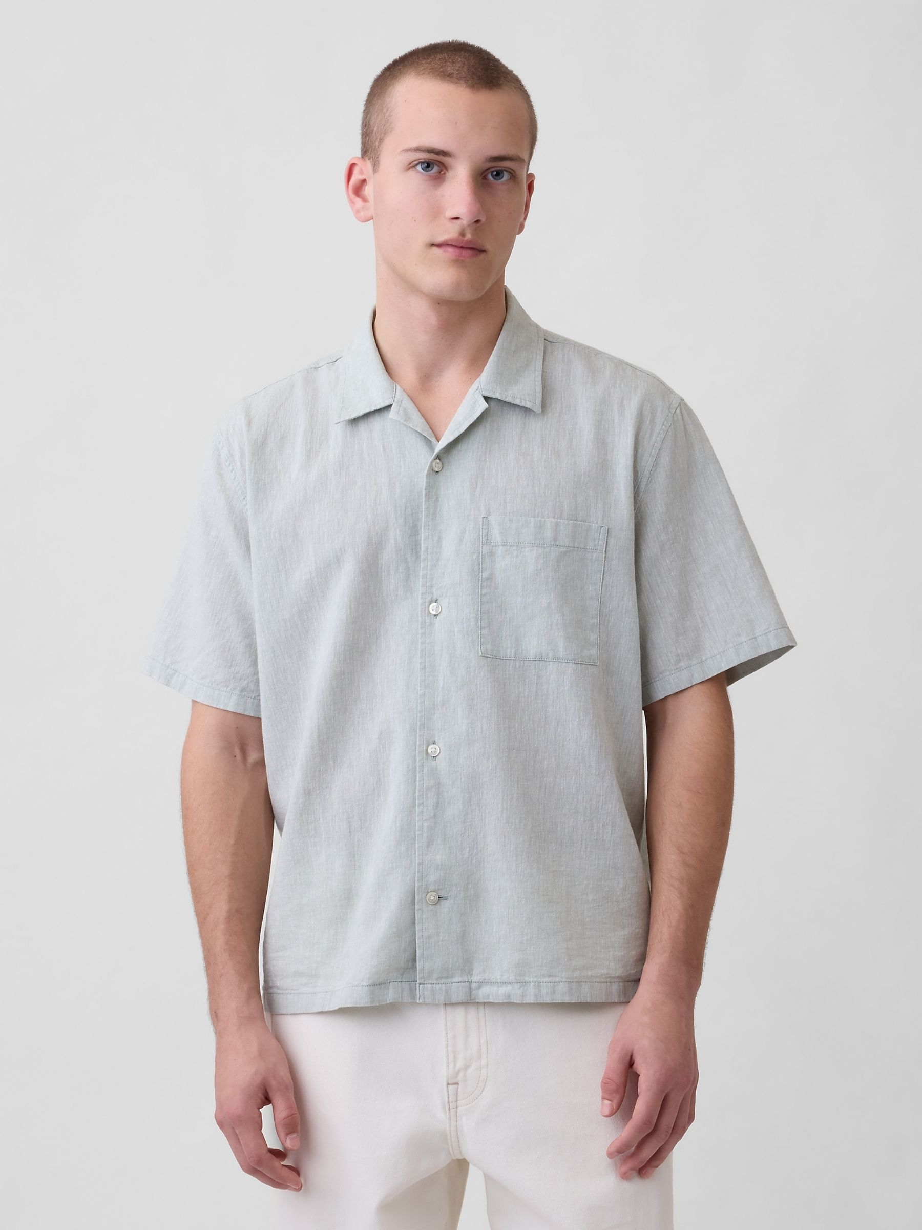 Grey Linen-Cotton Relaxed Straight-Hem Shirt - Image 1 of 4