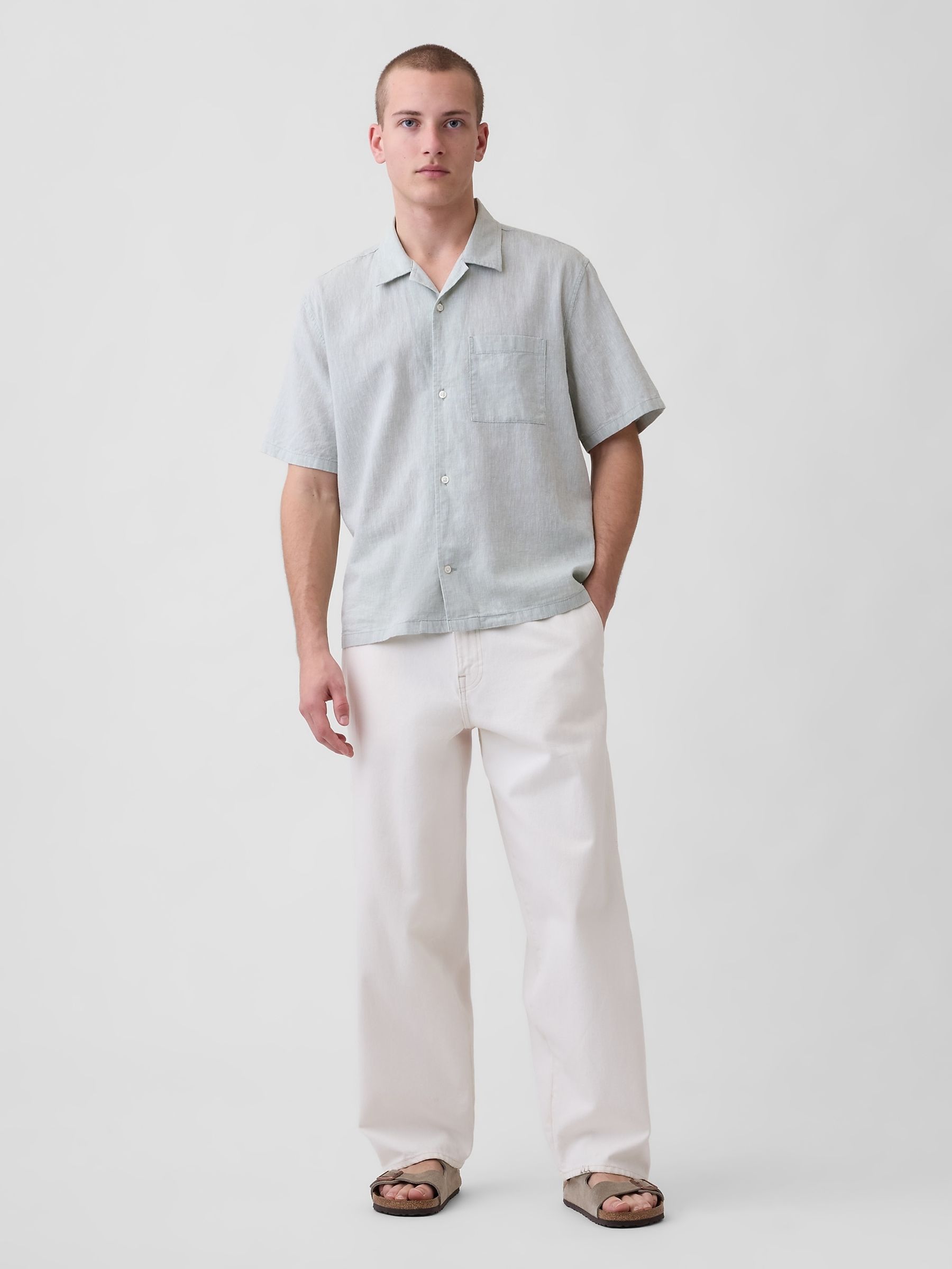 Grey Linen-Cotton Relaxed Straight-Hem Shirt - Image 3 of 4