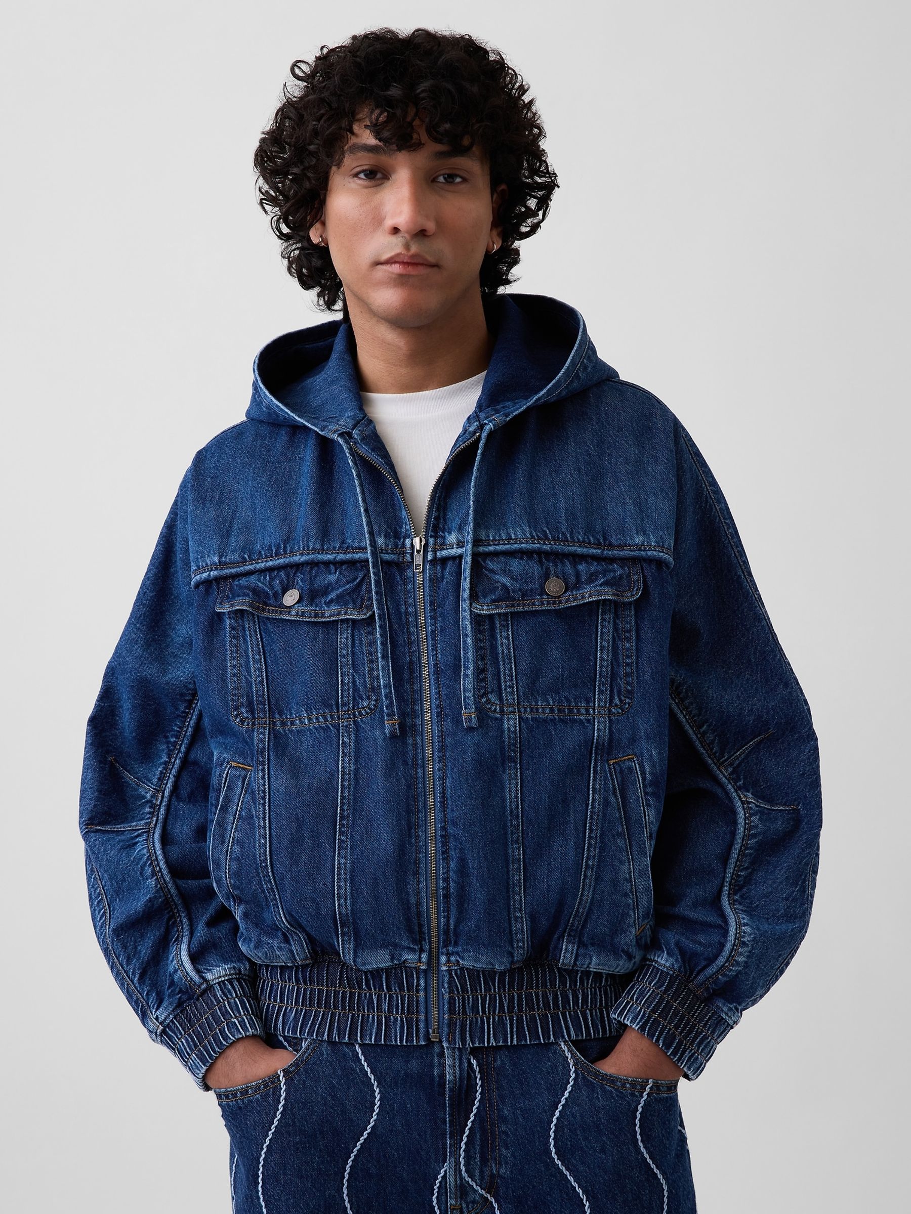 Gap x Harlem's Mid Wash Fashion Row Denim Zip Hoodie - Image 1 of 5