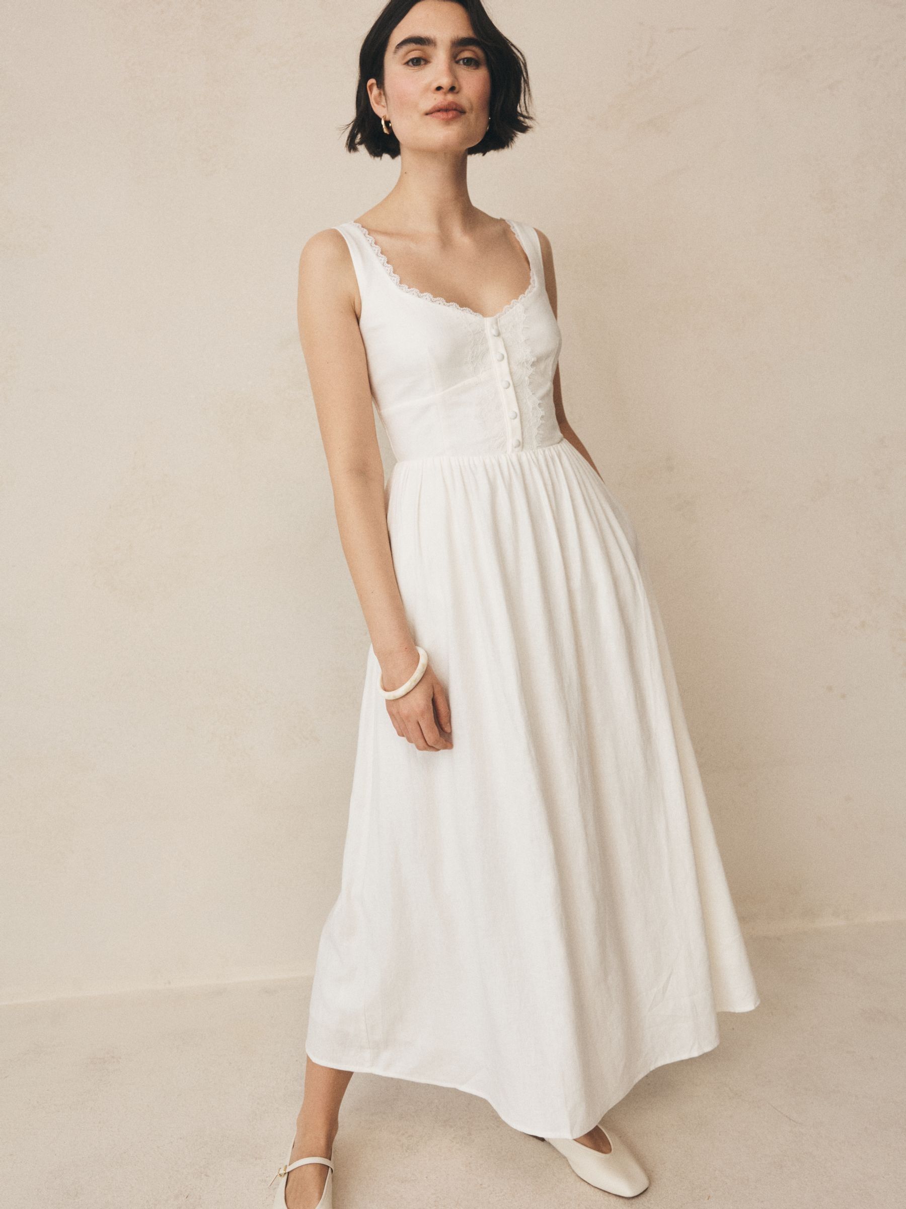 White Linen Blend Sweetheart Neck Lace-Inset Maxi Dress | Gap