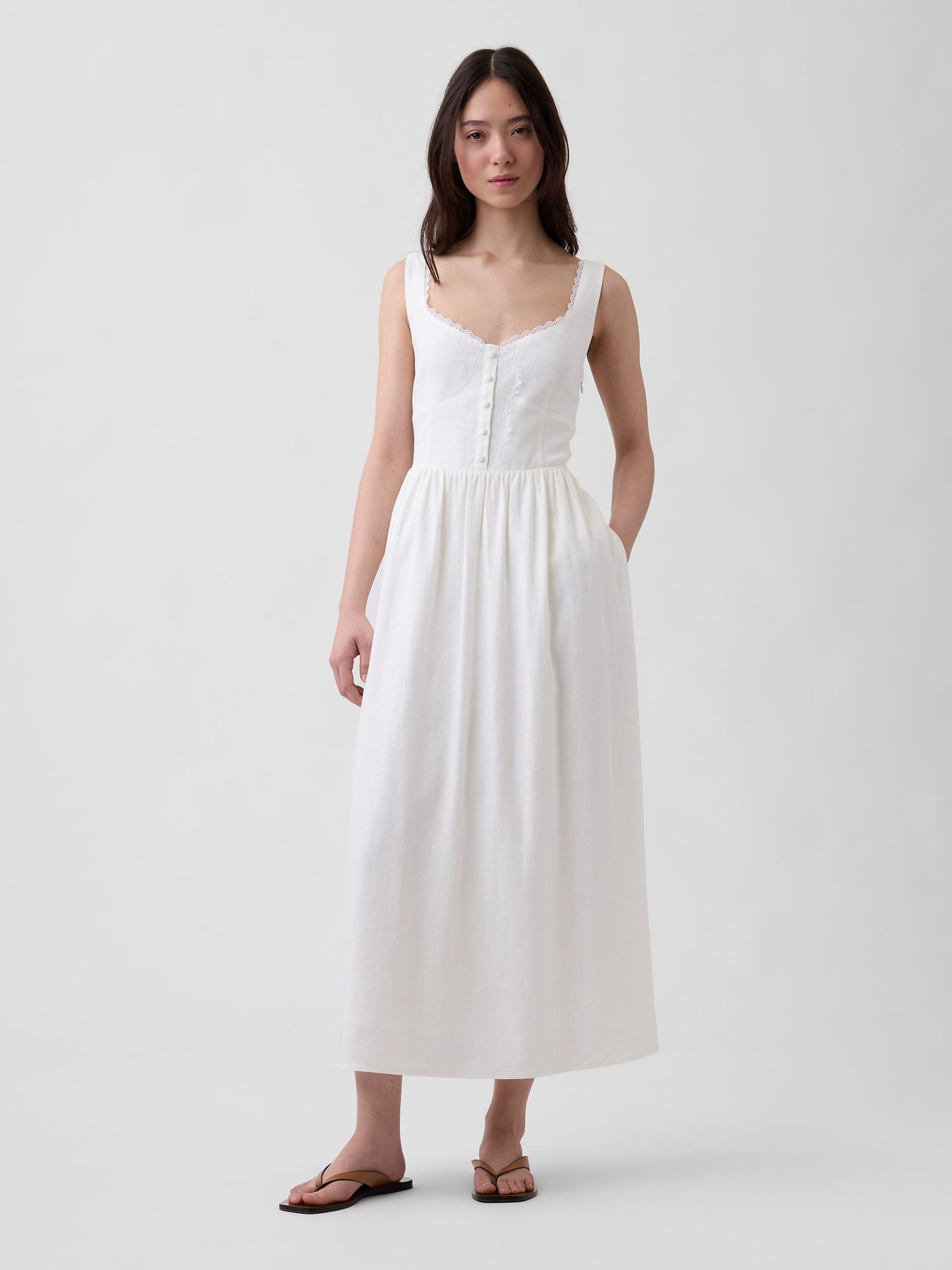 White Linen-Blend Lace-Inset Maxi Dress - Image 1 of 4