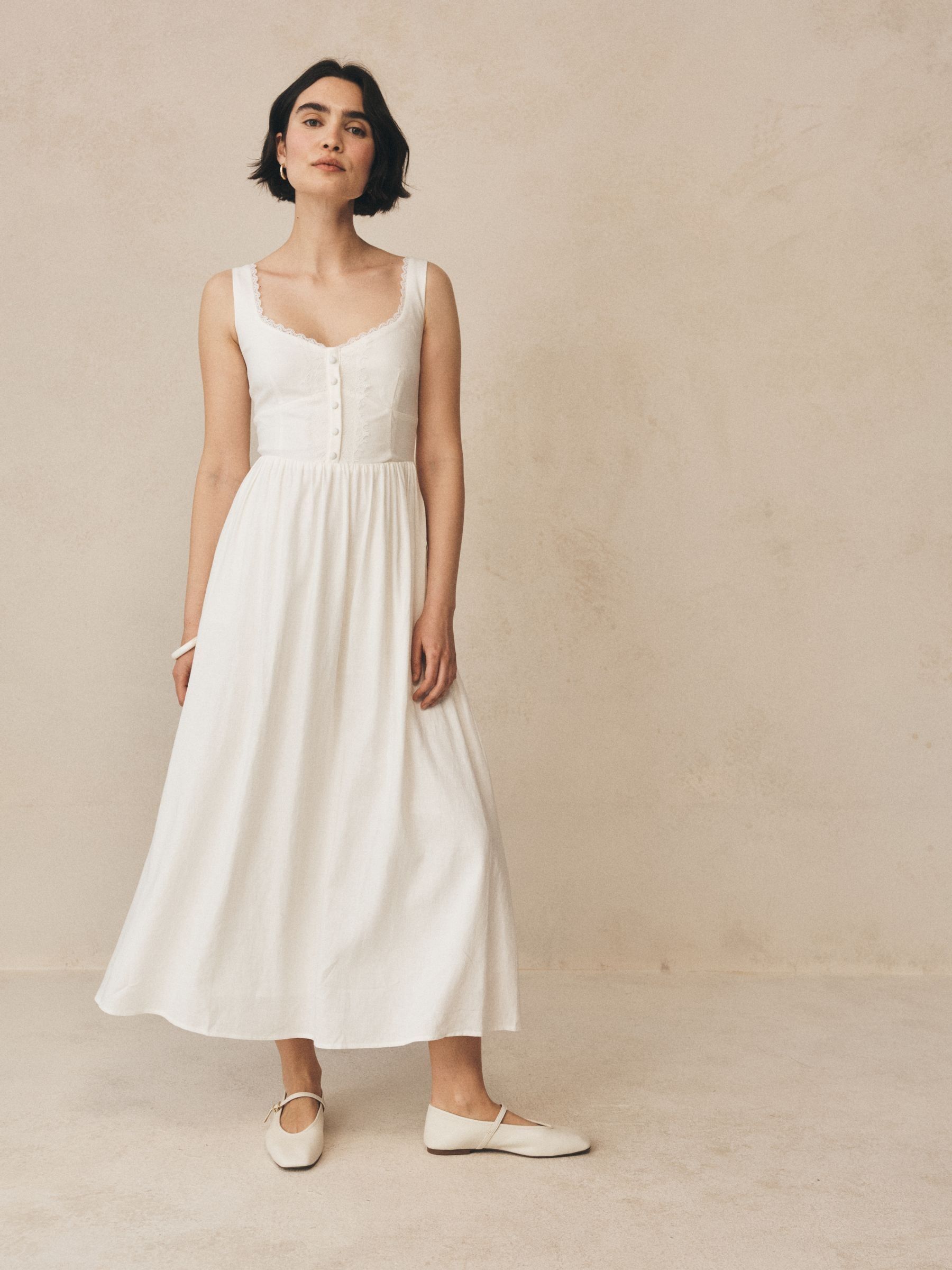 White Linen Blend Sweetheart Neck Lace-Inset Maxi Dress - Image 5 of 5