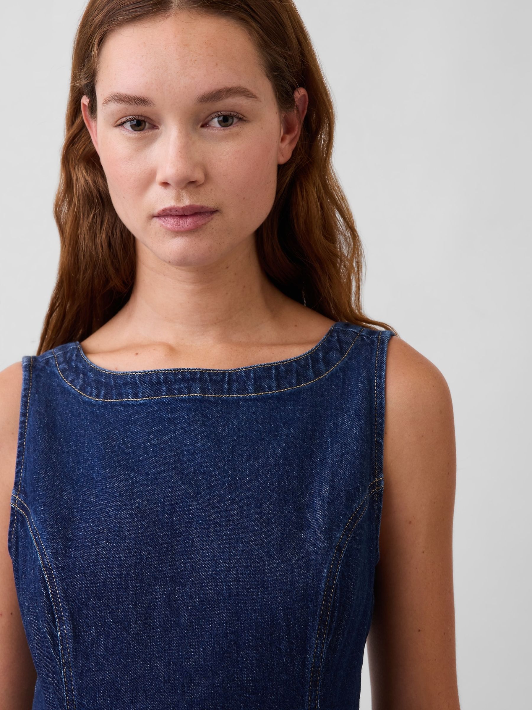 Dark Wash Denim Boatneck Open-Back Mini Dress - Image 4 of 4