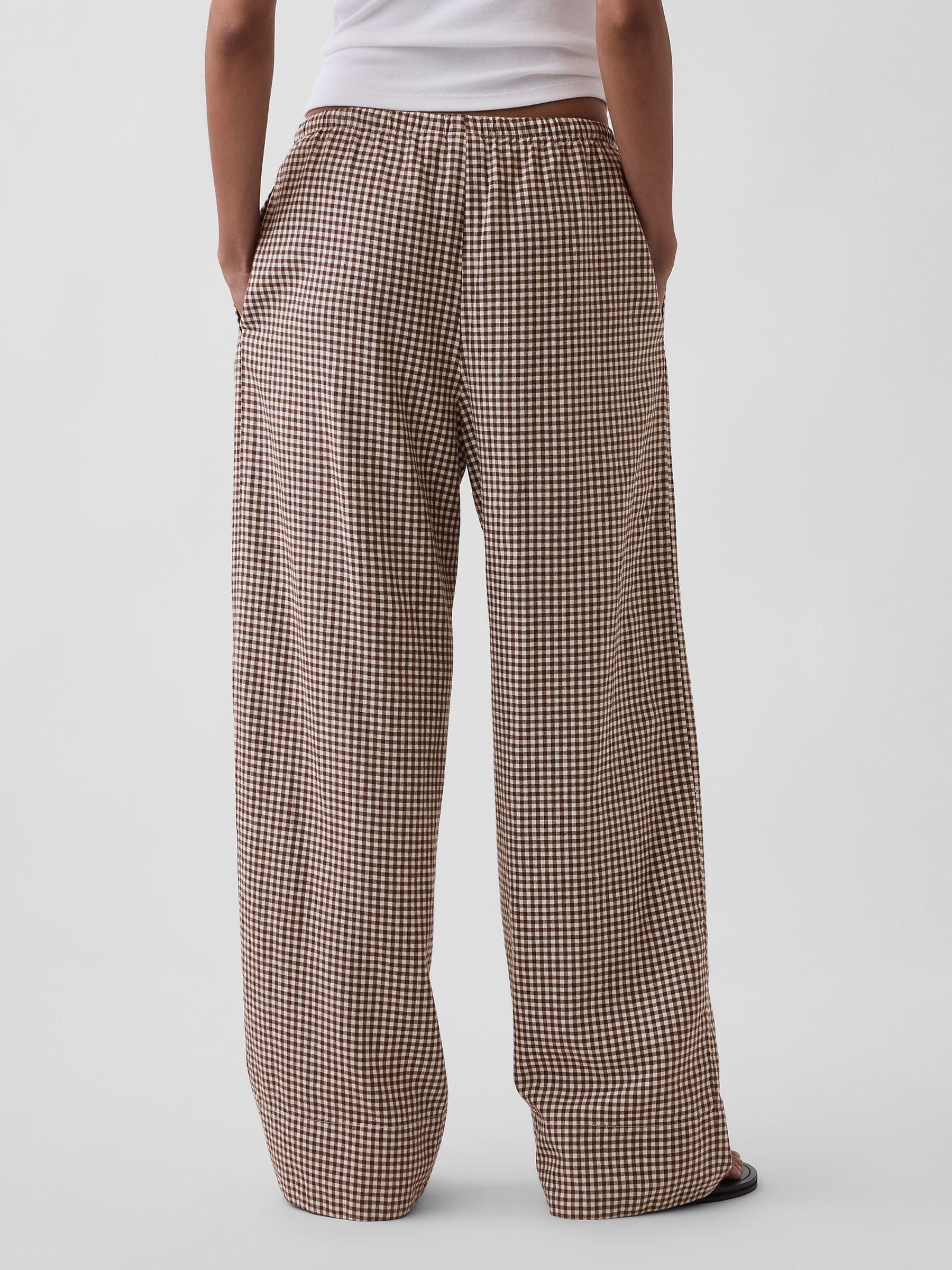 Brown Gingham Linen-Blend Relaxed Wide-Leg Trousers - Image 1 of 4 Brown Gingham Linen-Blend Relaxed Wide-Leg Trousers - Image 1 of 4