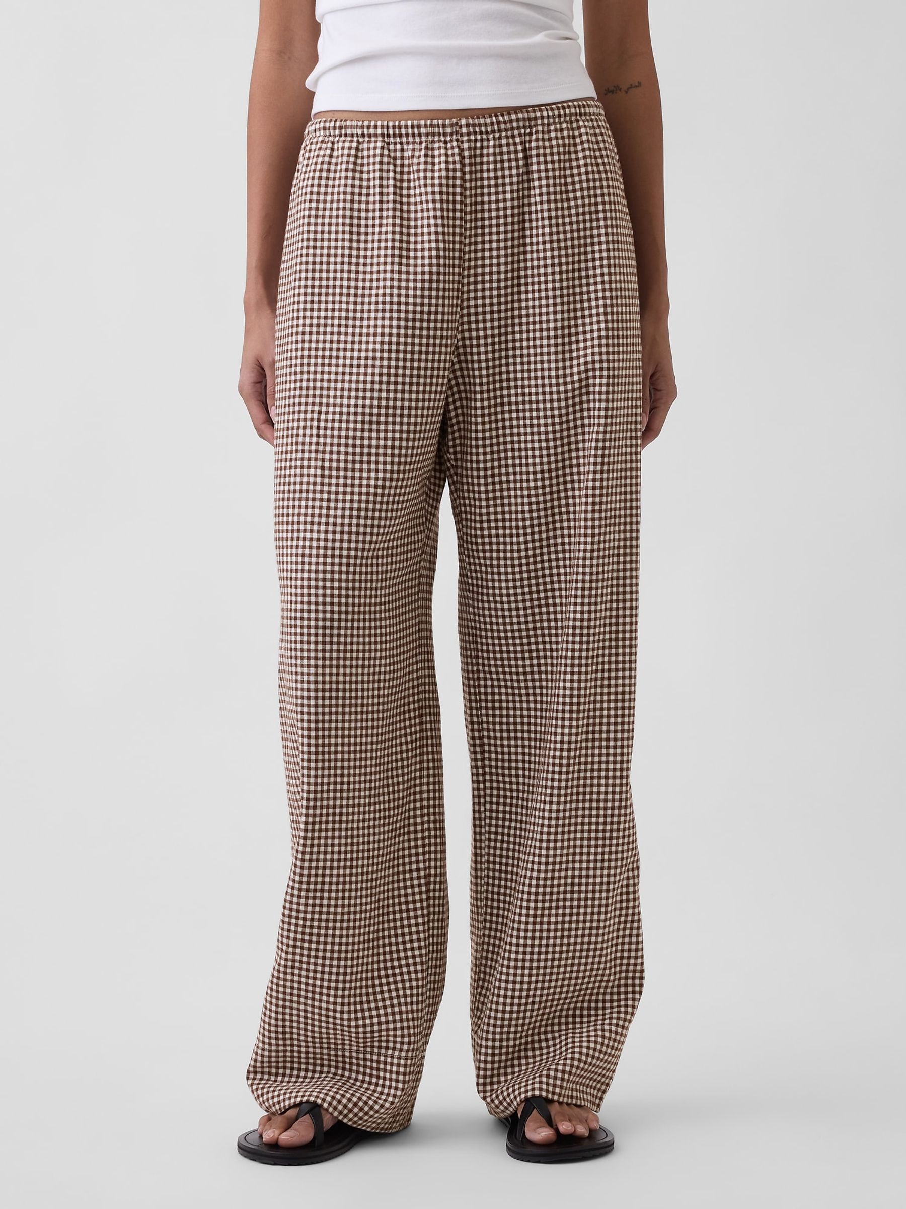 Brown Gingham Linen-Blend Relaxed Wide-Leg Trousers - Image 2 of 4 Brown Gingham Linen-Blend Relaxed Wide-Leg Trousers - Image 2 of 4