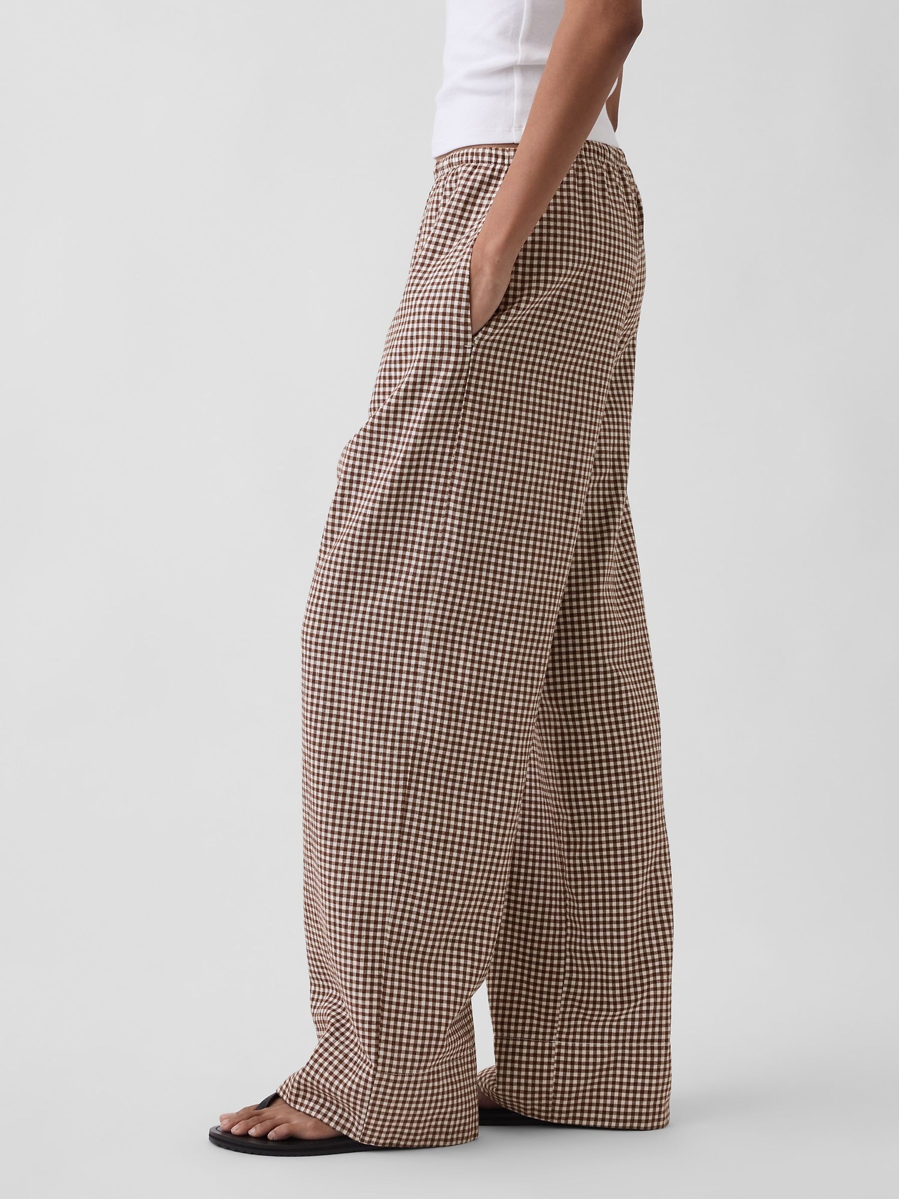 Brown Gingham Linen-Blend Relaxed Wide-Leg Trousers - Image 3 of 4