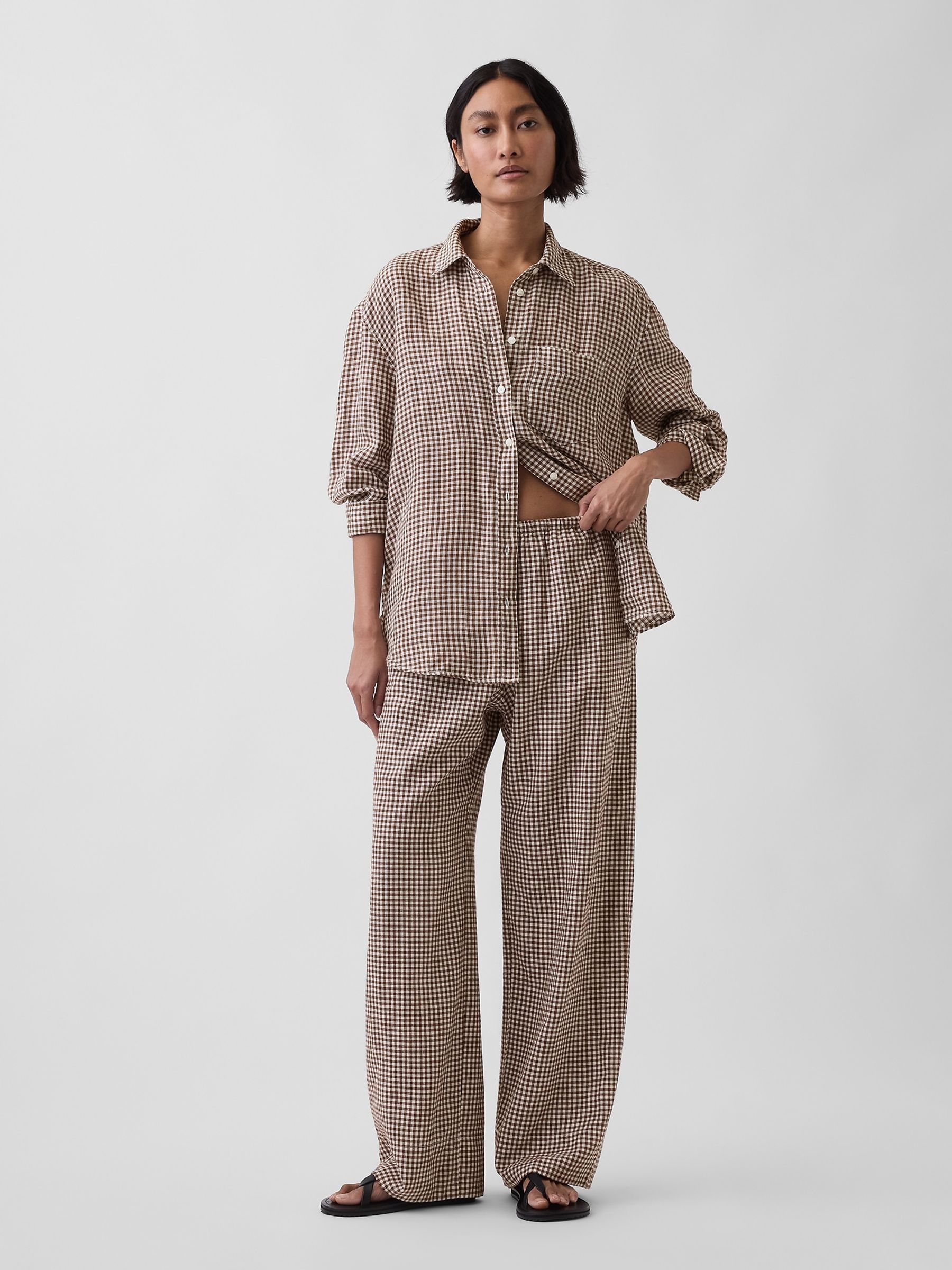Brown Gingham Linen-Blend Relaxed Wide-Leg Trousers - Image 4 of 4