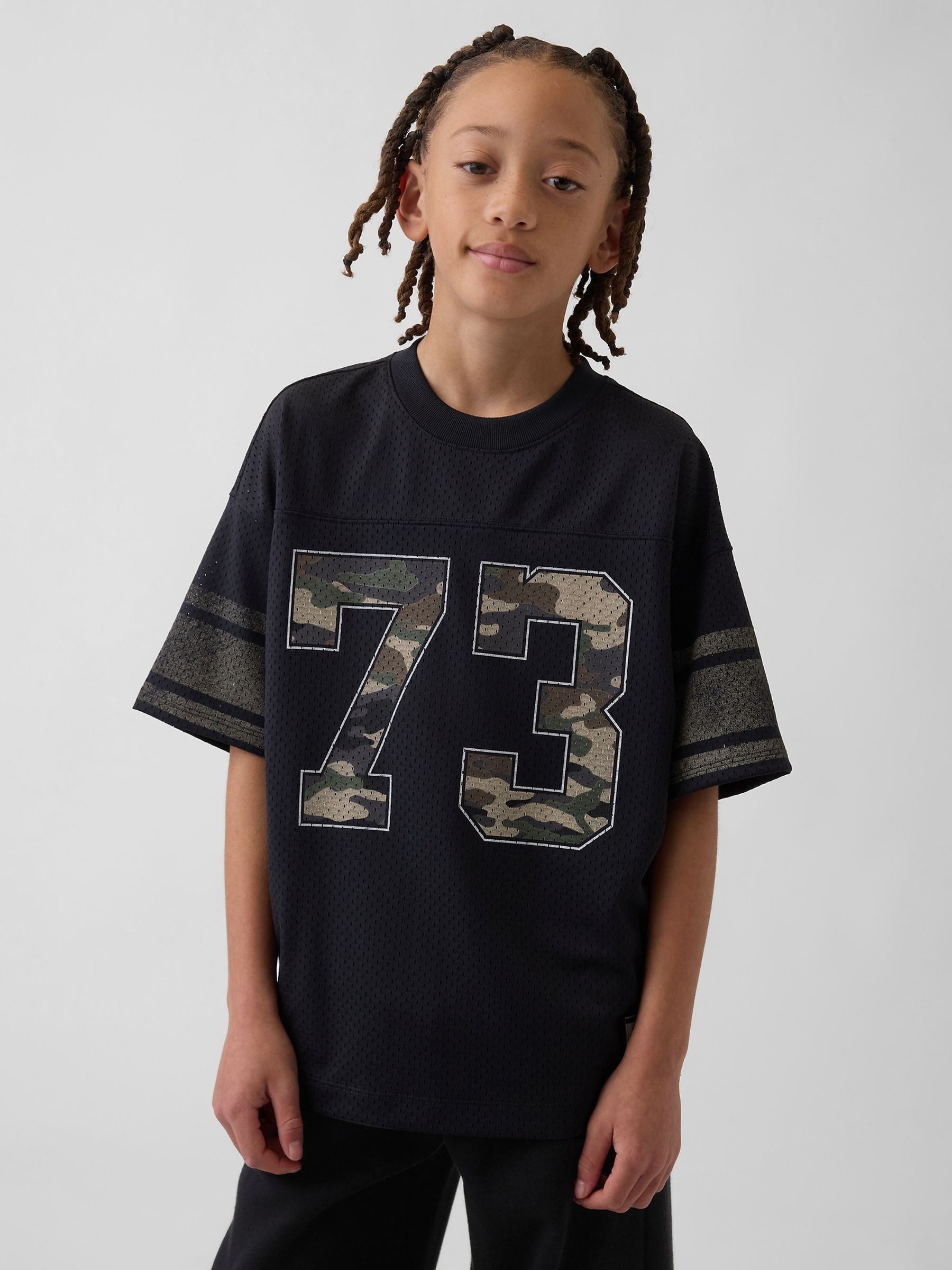Black Mesh Oversized Graphic Jersey T-Shirt - Image 1 of 5