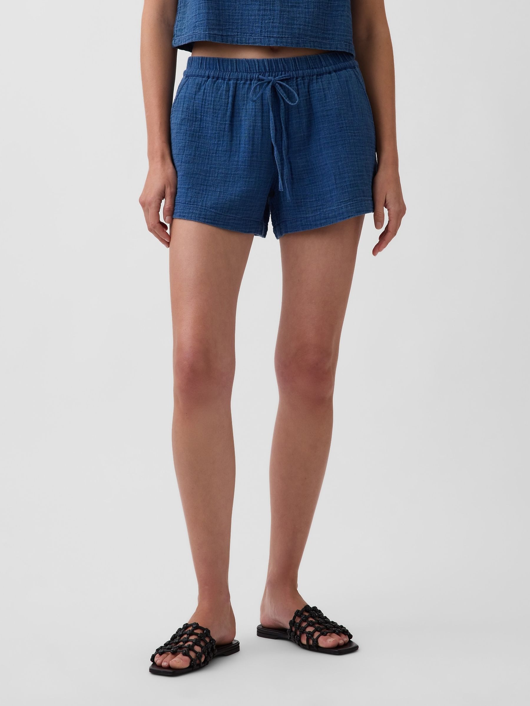 Blue Cotton Gauze Denim Easy Shorts - Image 1 of 4