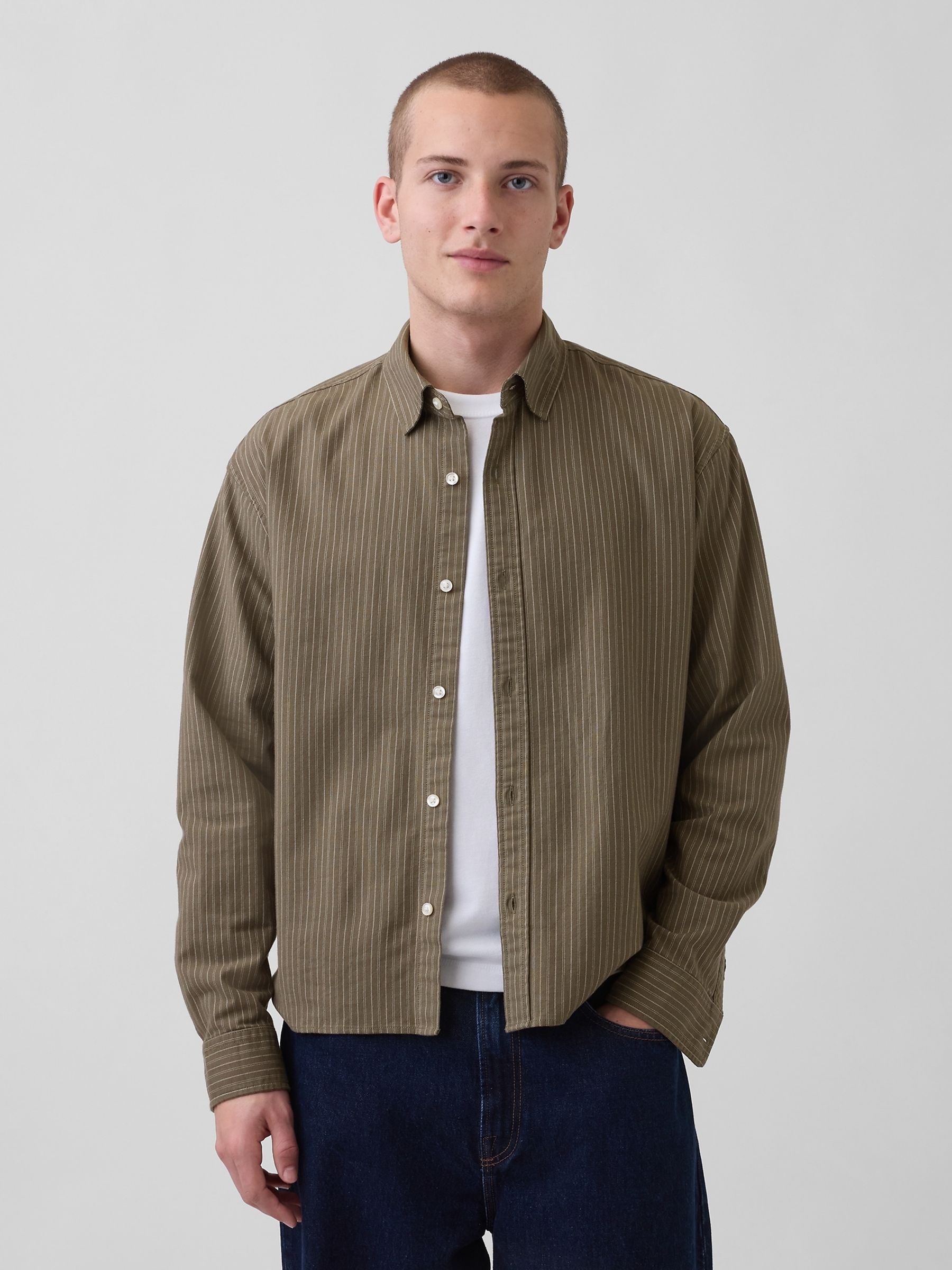 Green stripe Relaxed Straight-Hem Oxford Shirt - Image 1 of 4
