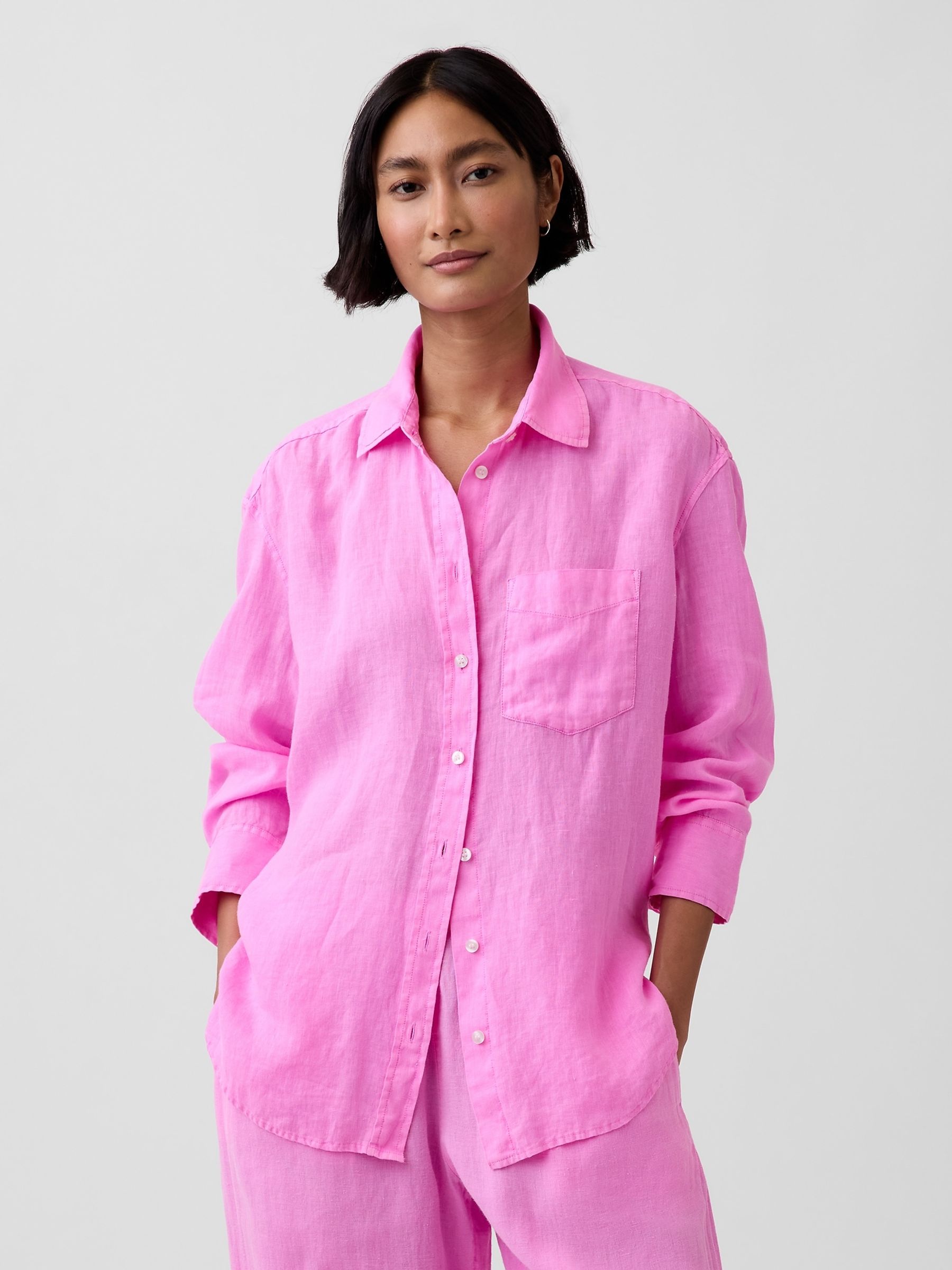 Pink Linen Oversized Shirt - Image 1 of 4 Pink Linen Oversized Shirt - Image 1 of 4