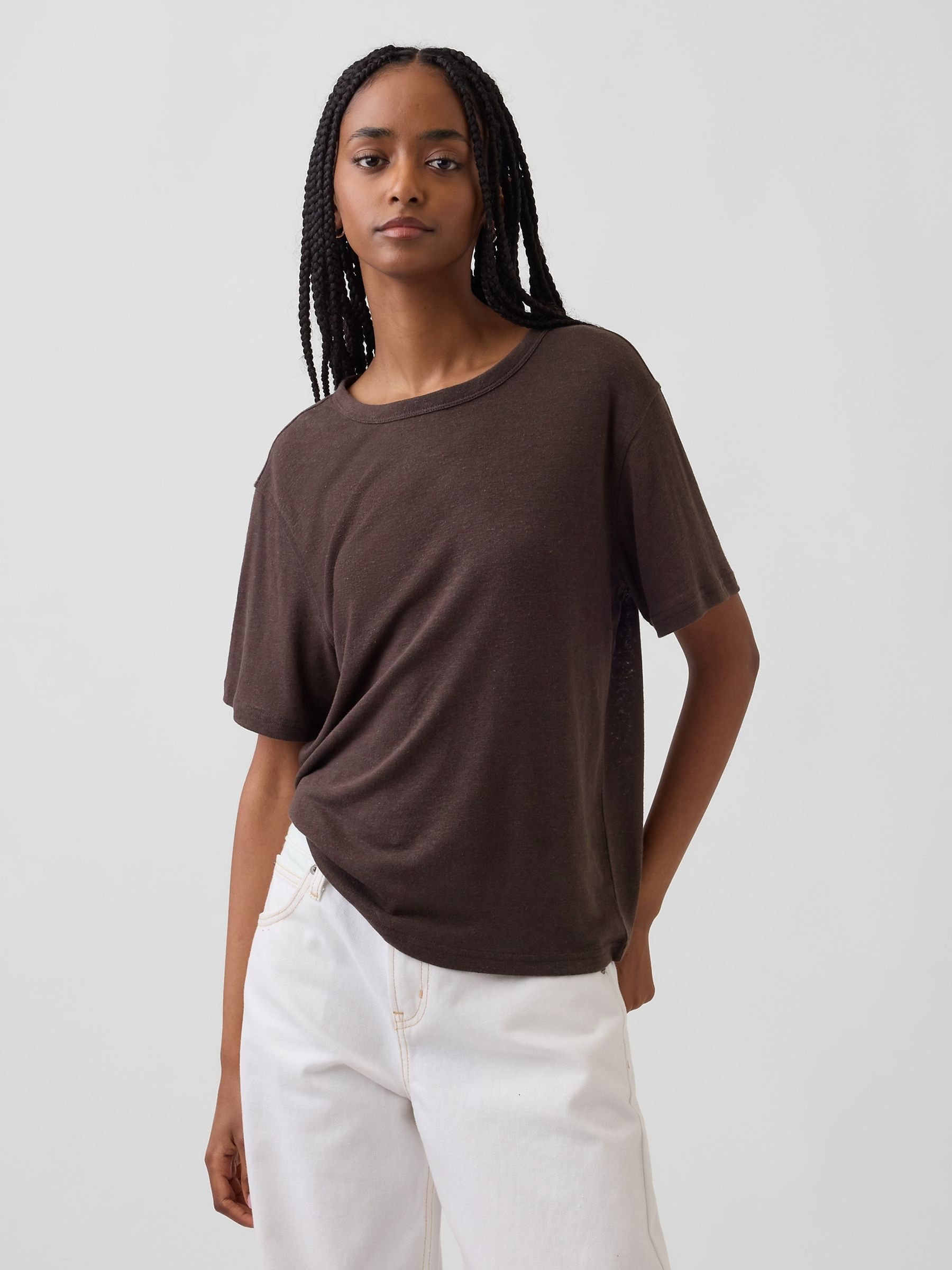 Brown Linen-Blend Relaxed T-Shirt - Image 1 of 3 Brown Linen-Blend Relaxed T-Shirt - Image 1 of 3