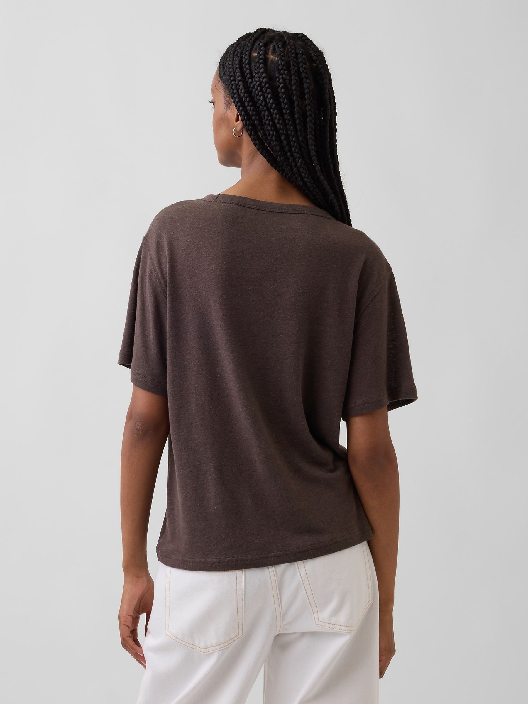 Brown Linen-Blend Relaxed T-Shirt - Image 2 of 3 Brown Linen-Blend Relaxed T-Shirt - Image 2 of 3