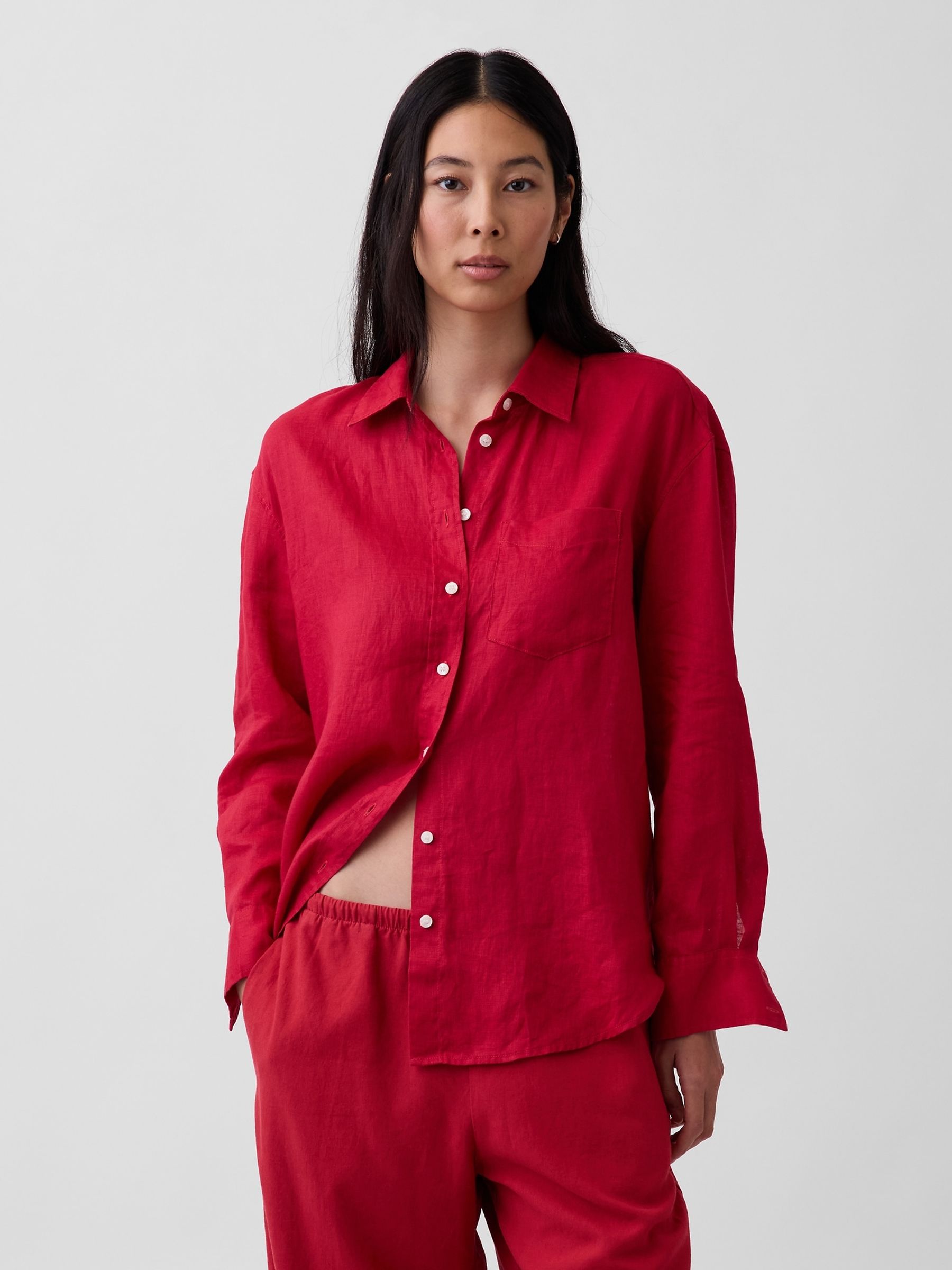 Red Linen Oversized Shirt - Image 1 of 4