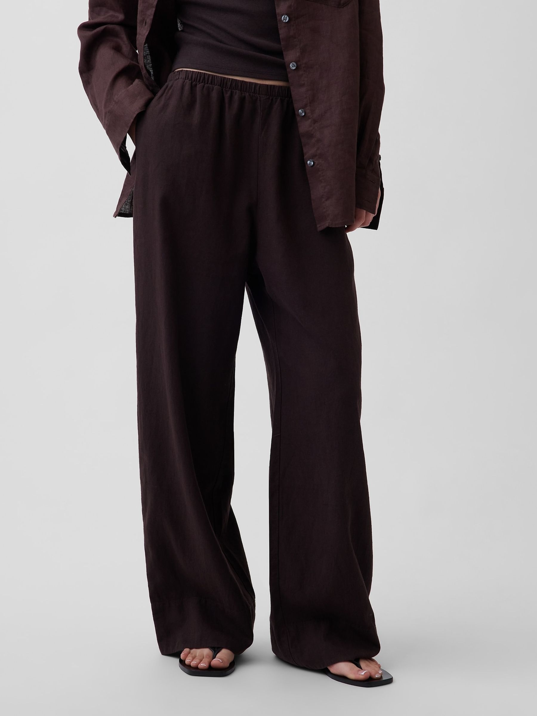 Brown Linen-Blend Relaxed Wide-Leg Trousers - Image 1 of 4