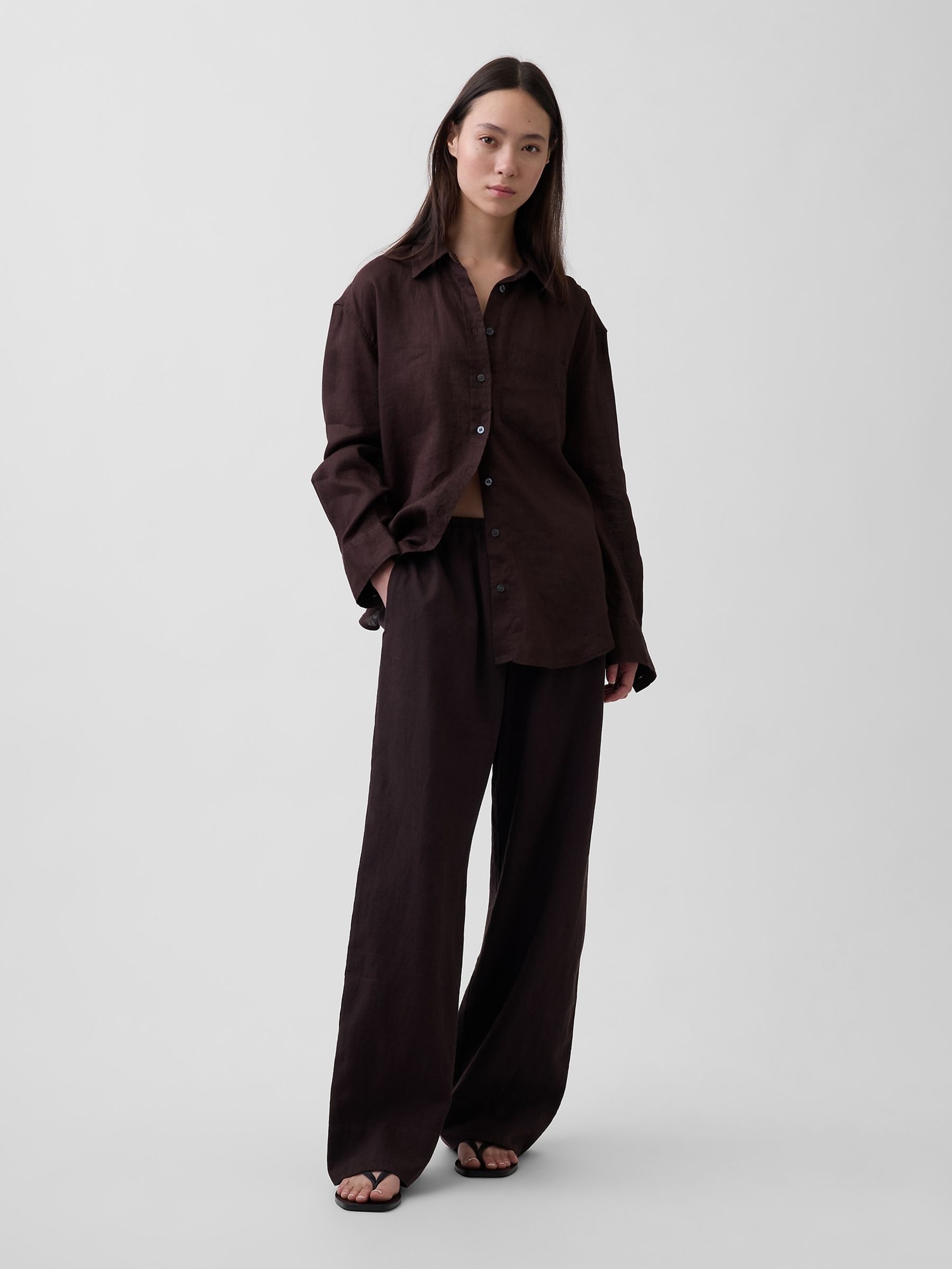 Brown Linen-Blend Relaxed Wide-Leg Trousers - Image 3 of 4