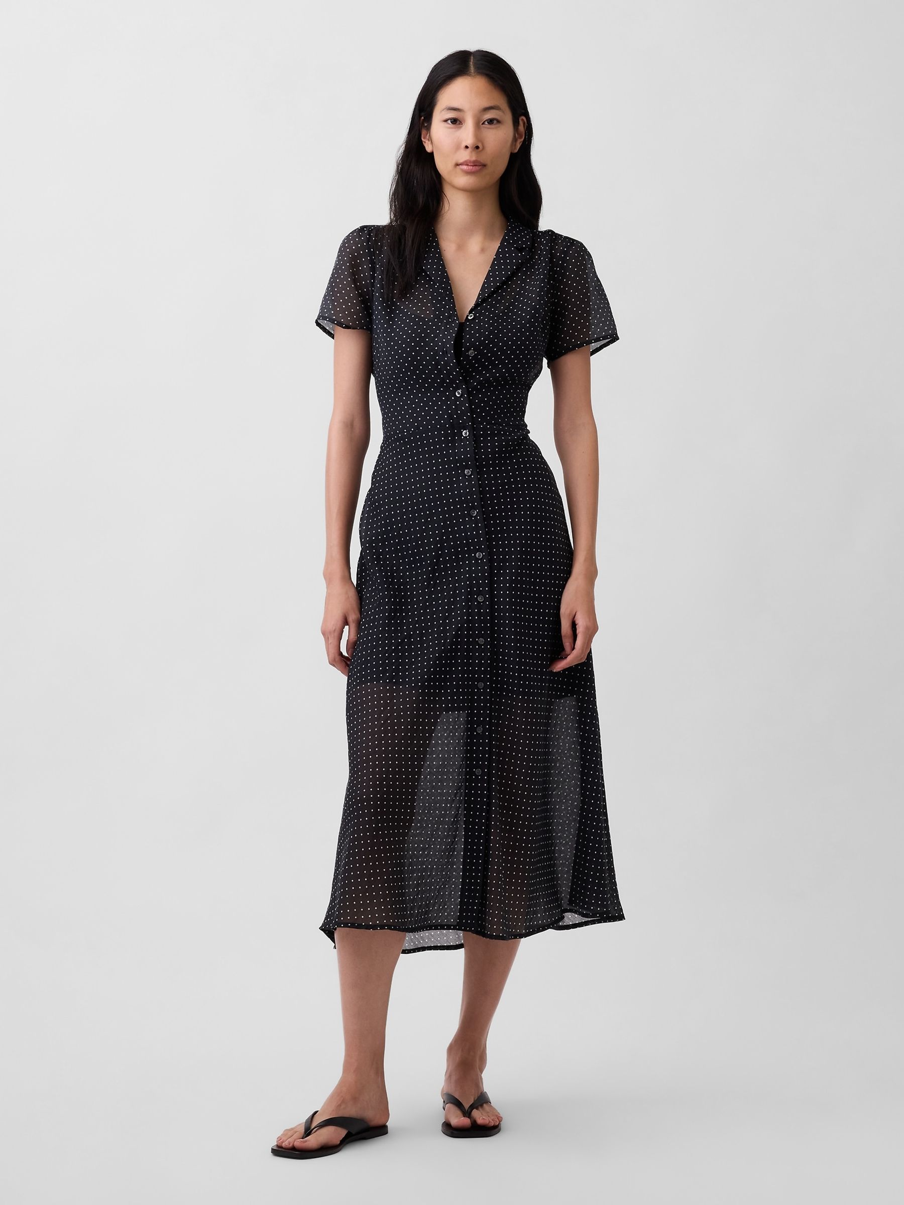 Black Spotted Sheer Midi Shirt Dress - Image 1 of 4 Black Spotted Sheer Midi Shirt Dress - Image 1 of 4