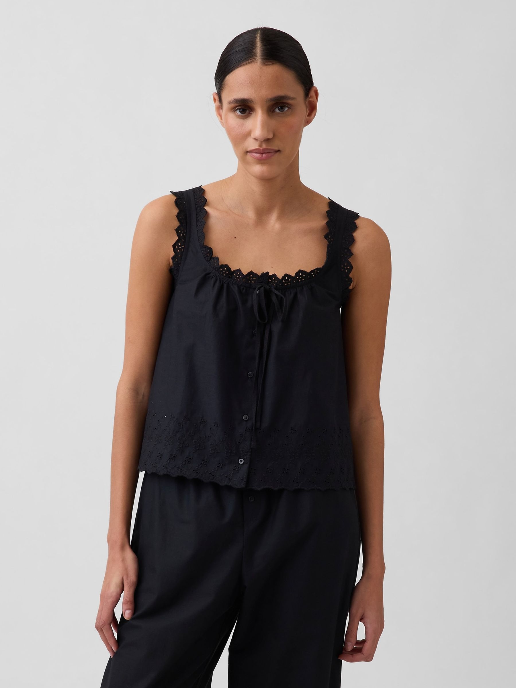 Black Embroidered Pyjama Vest - Image 1 of 4 Black Embroidered Pyjama Vest - Image 1 of 4