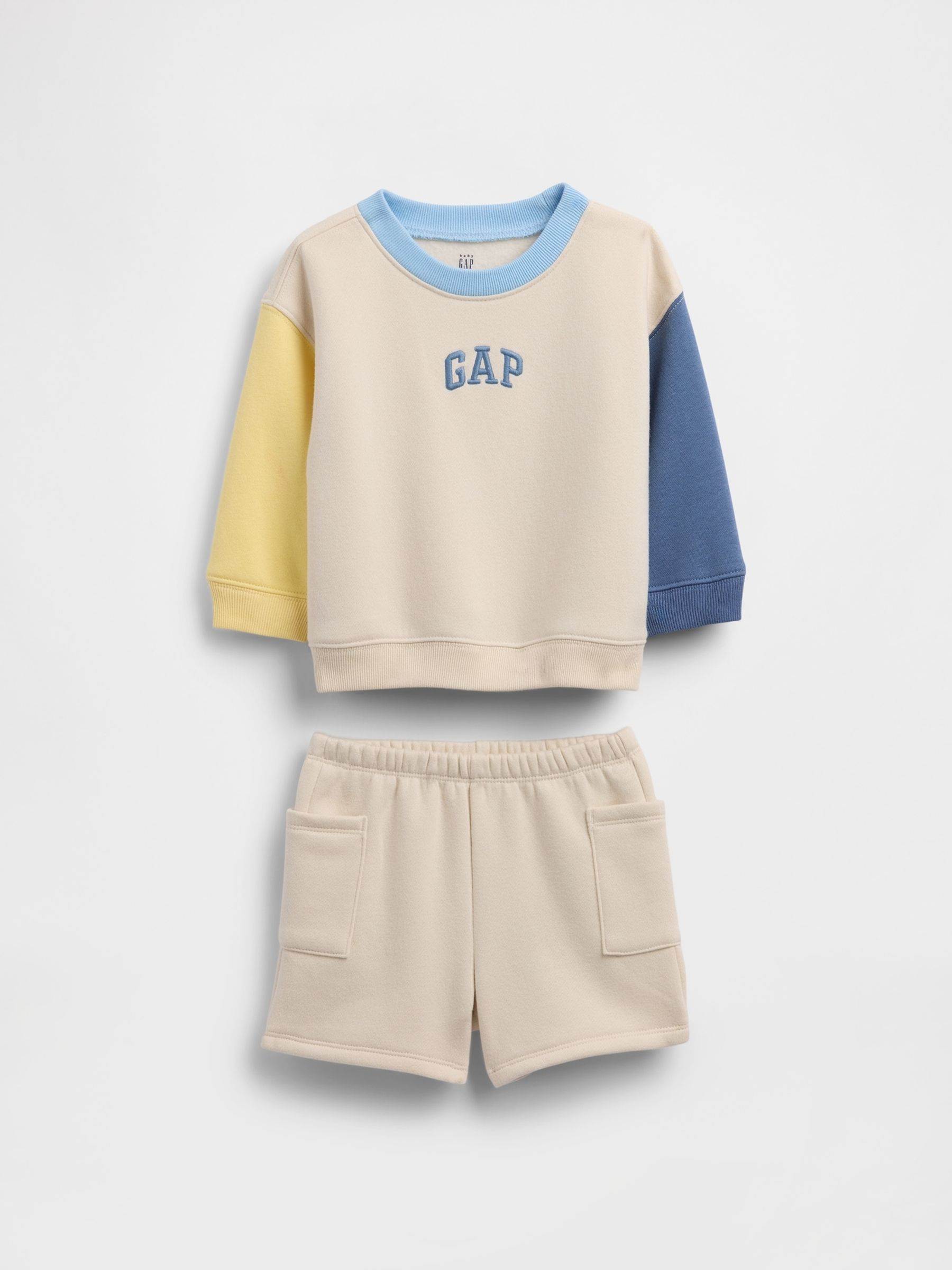 Beige/Blue Vintage Soft Colourblock Logo Outfit Set - Image 1 of 3