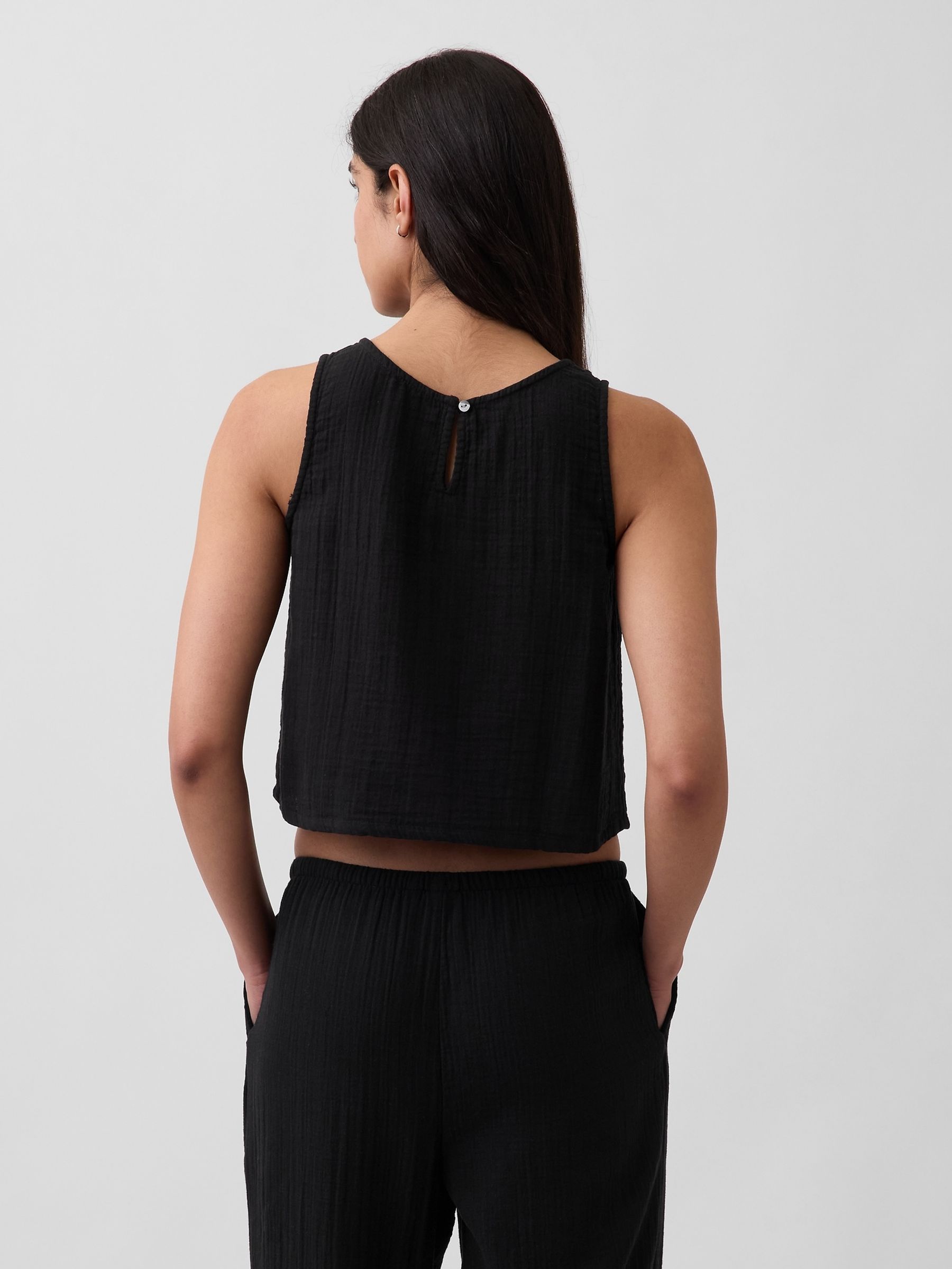 Black Cotton Gauze Racer Shell Vest - Image 2 of 4