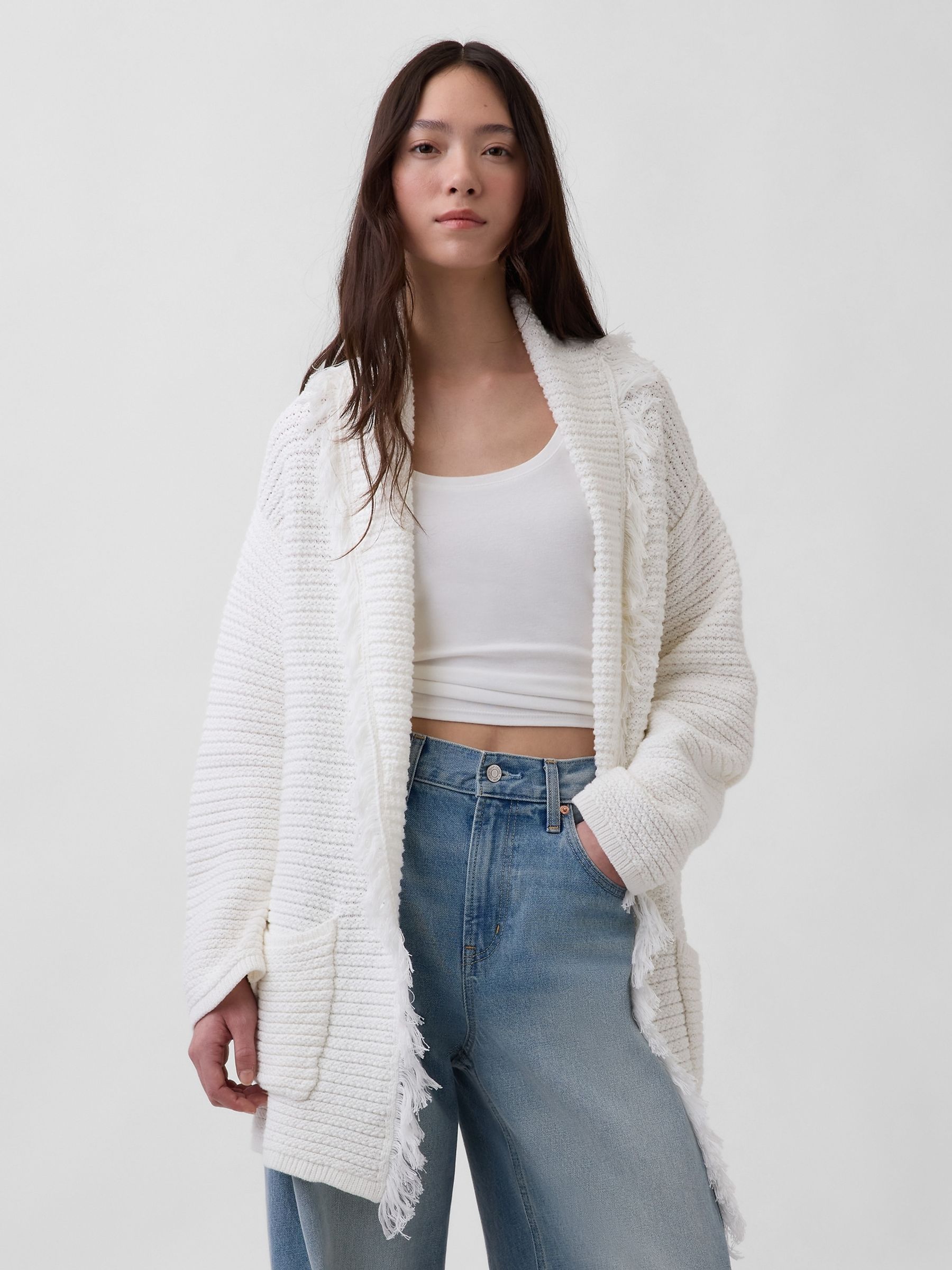 White Oversized Fringe Shawl Cardigan - Image 1 of 4