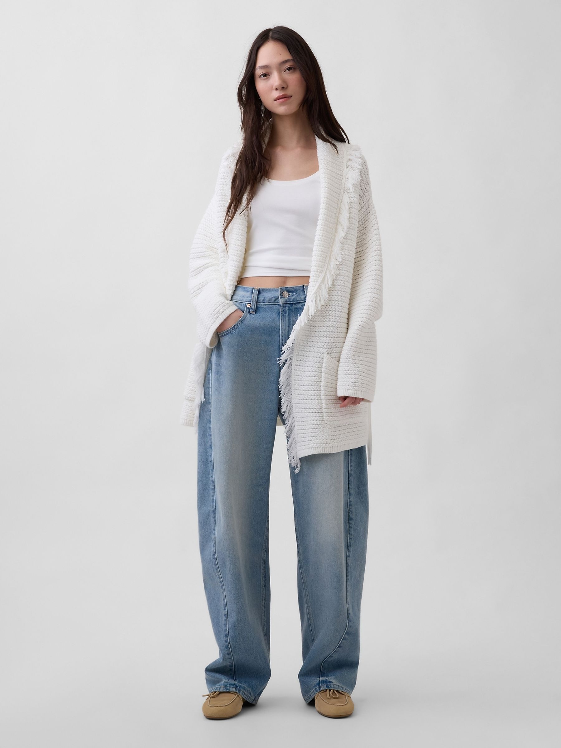 White Oversized Fringe Shawl Cardigan - Image 3 of 4