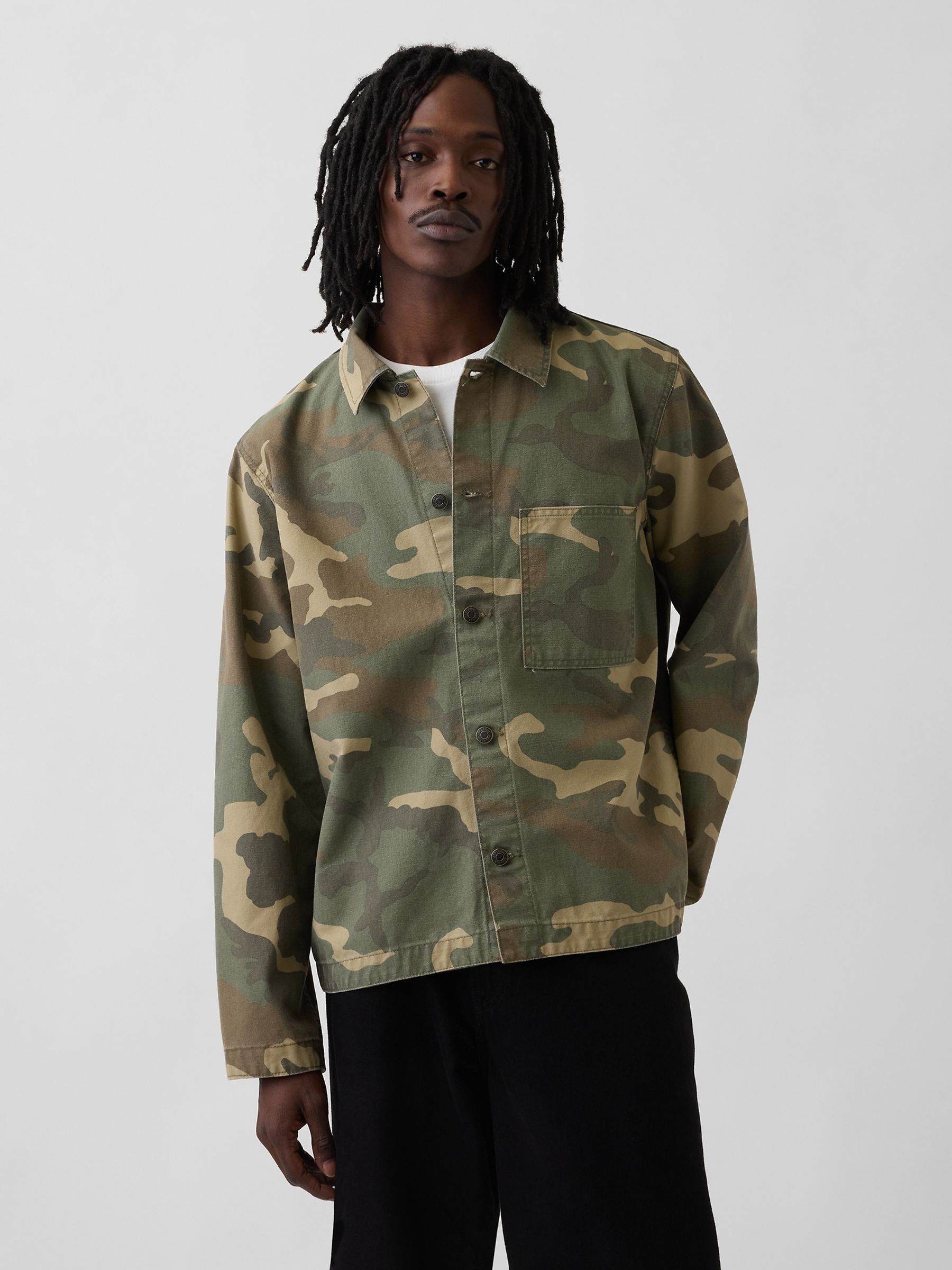 Green Canvas Denim Camo Utility Shirt - Image 1 of 4 Green Canvas Denim Camo Utility Shirt - Image 1 of 4