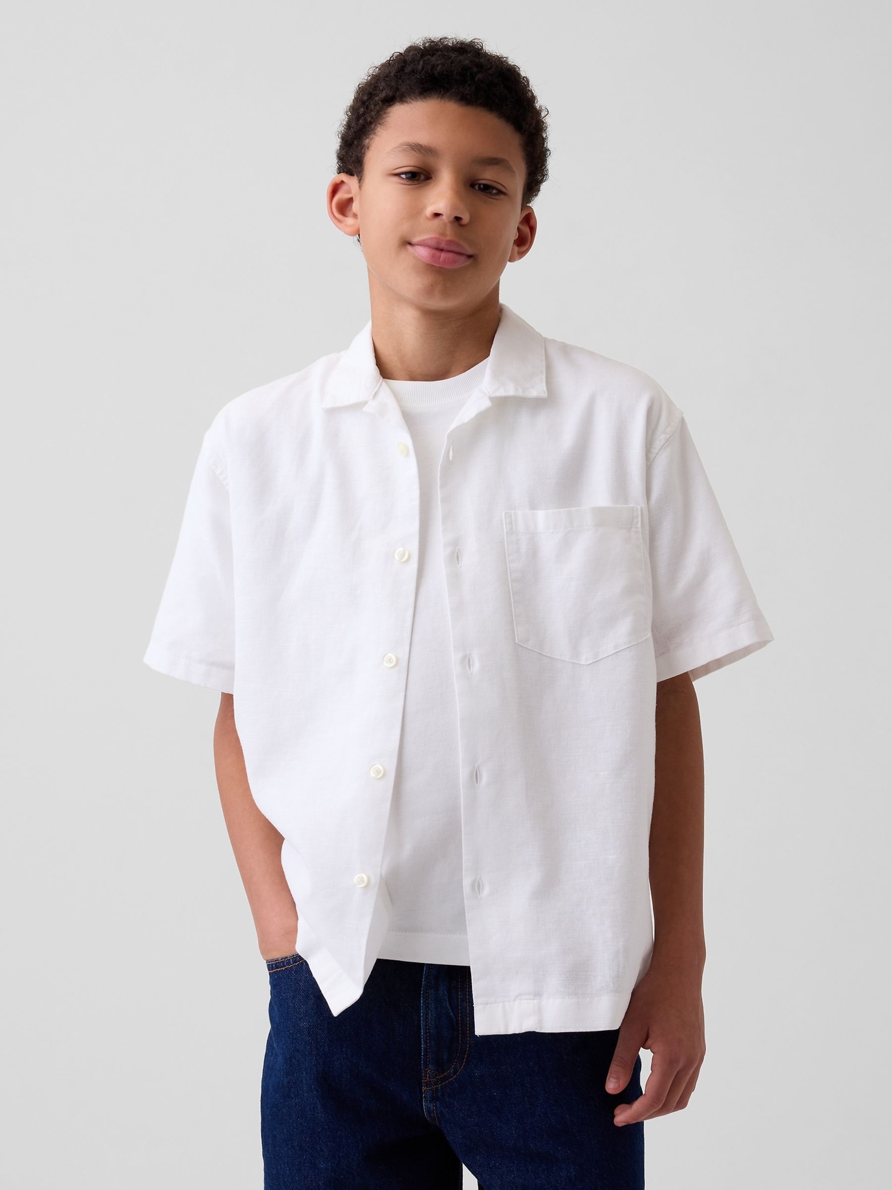 White Linen-Cotton Relaxed Holiday Shirt - Image 1 of 4