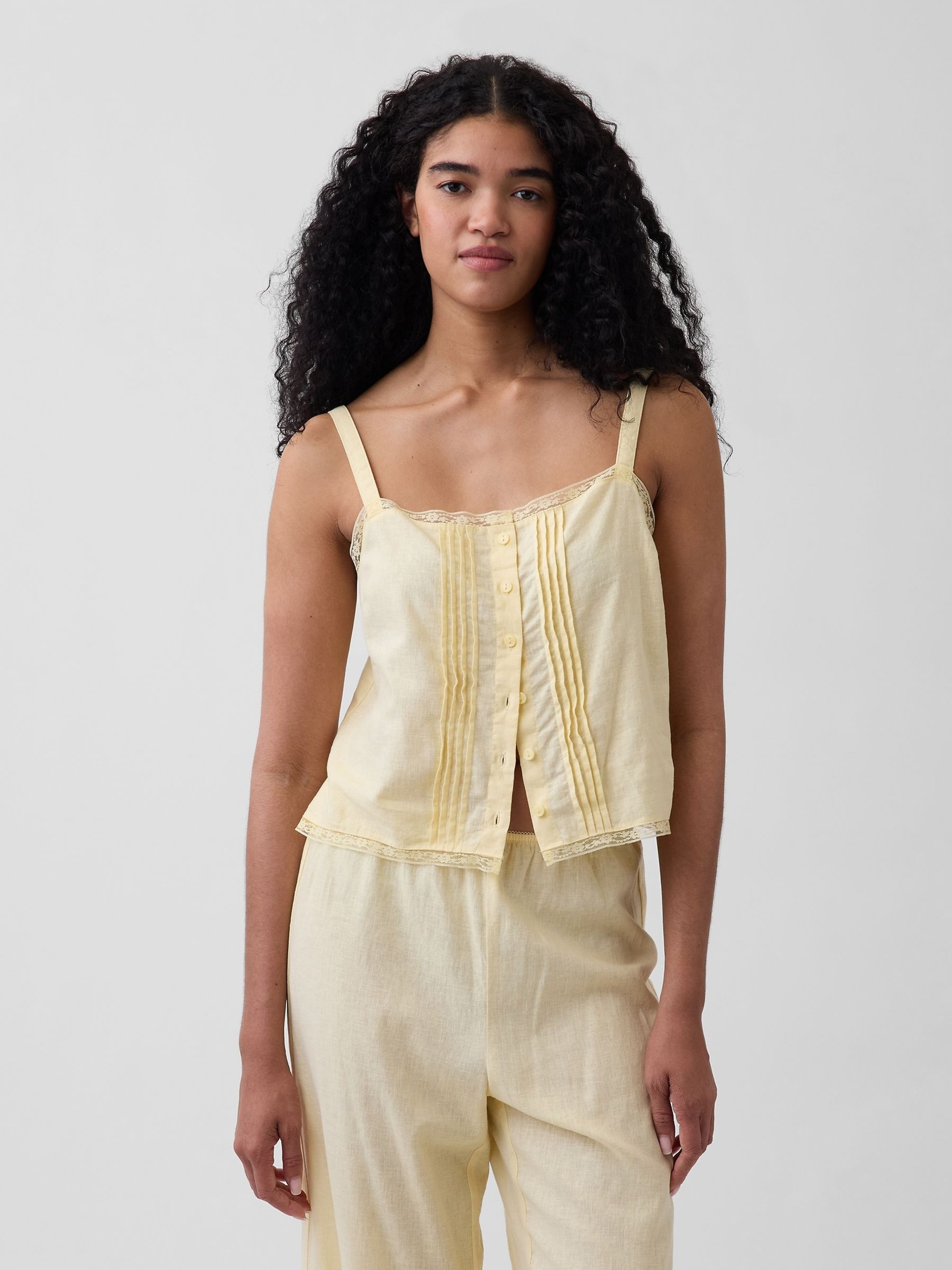 Yellow Linen-Blend Pintuck Crop Pyjama Vest - Image 1 of 3