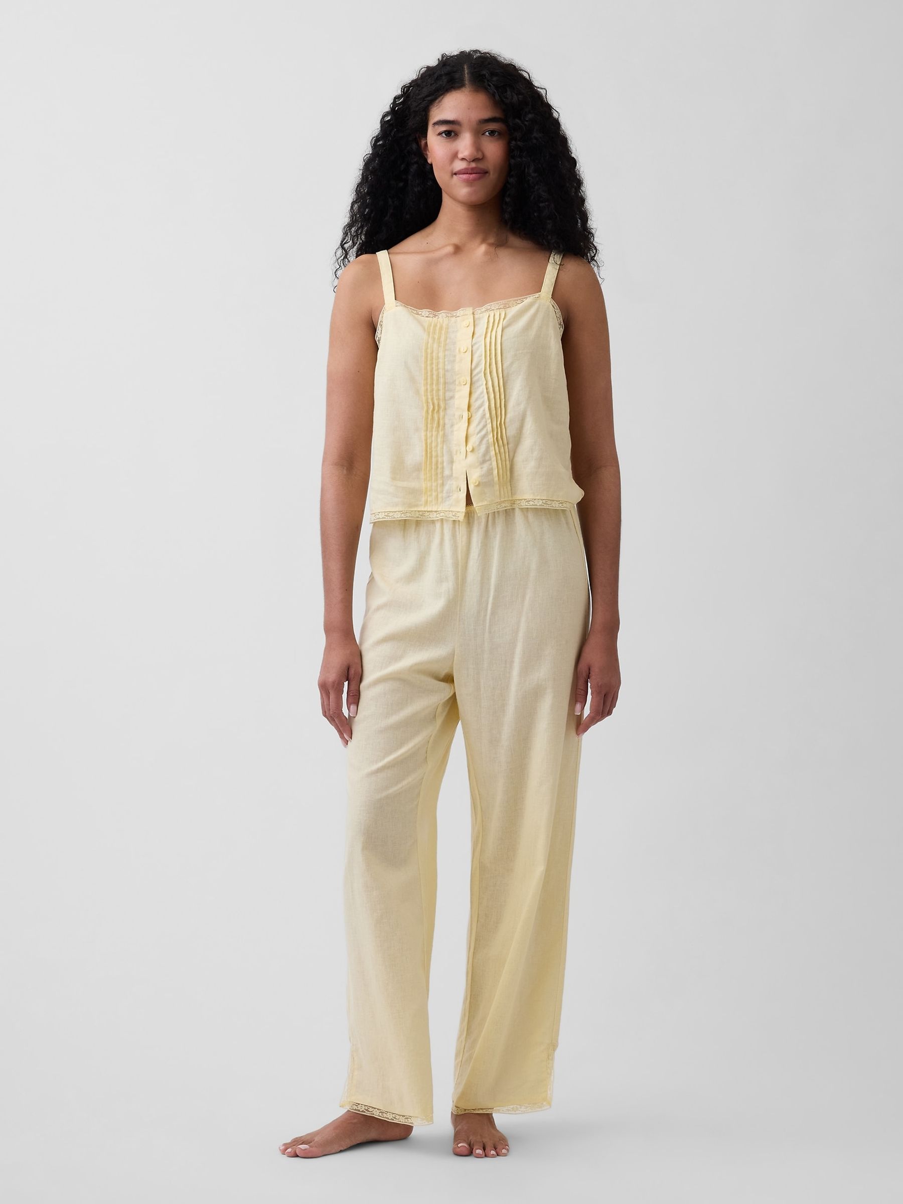 Yellow Linen-Blend Pintuck Crop Pyjama Vest - Image 3 of 3