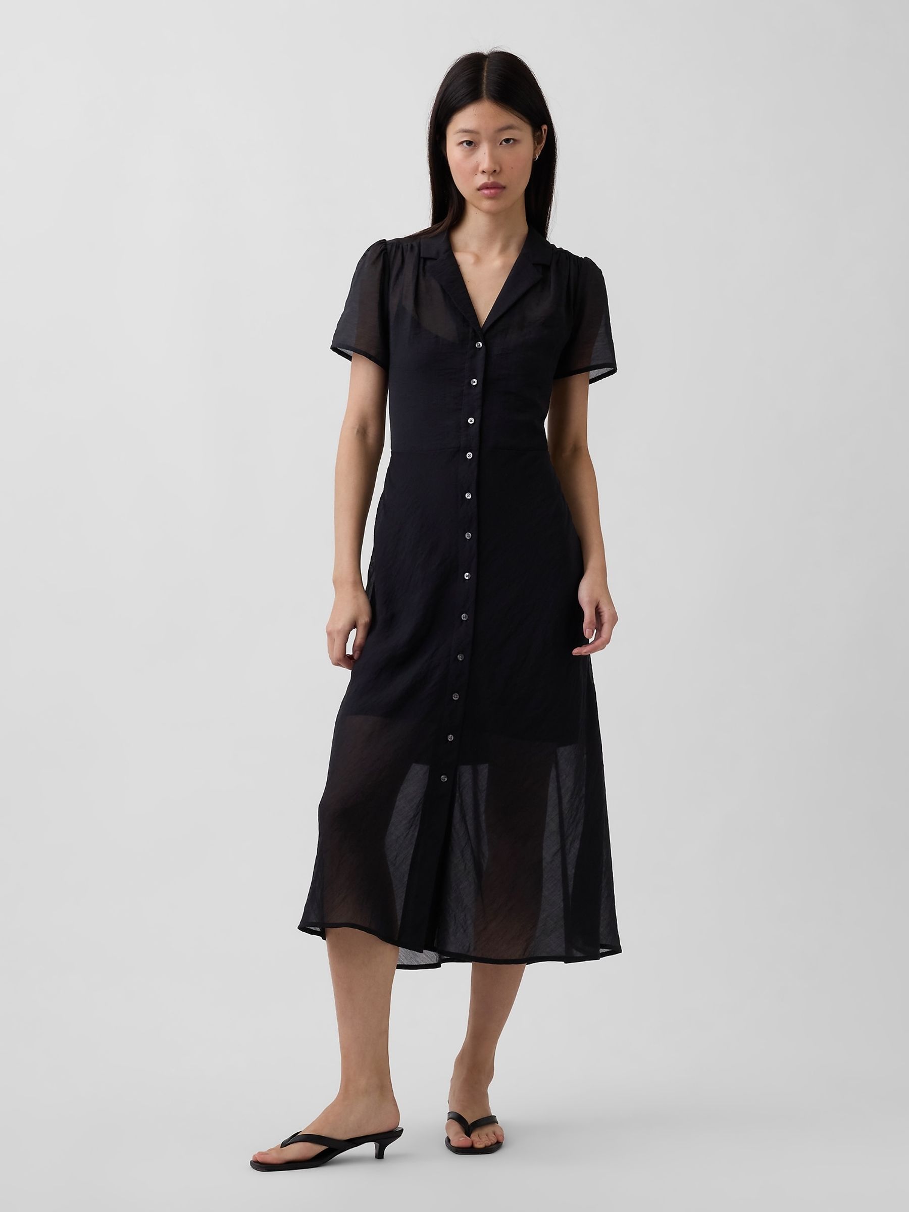 Black Sheer Midi Shirt Dress - Image 1 of 4