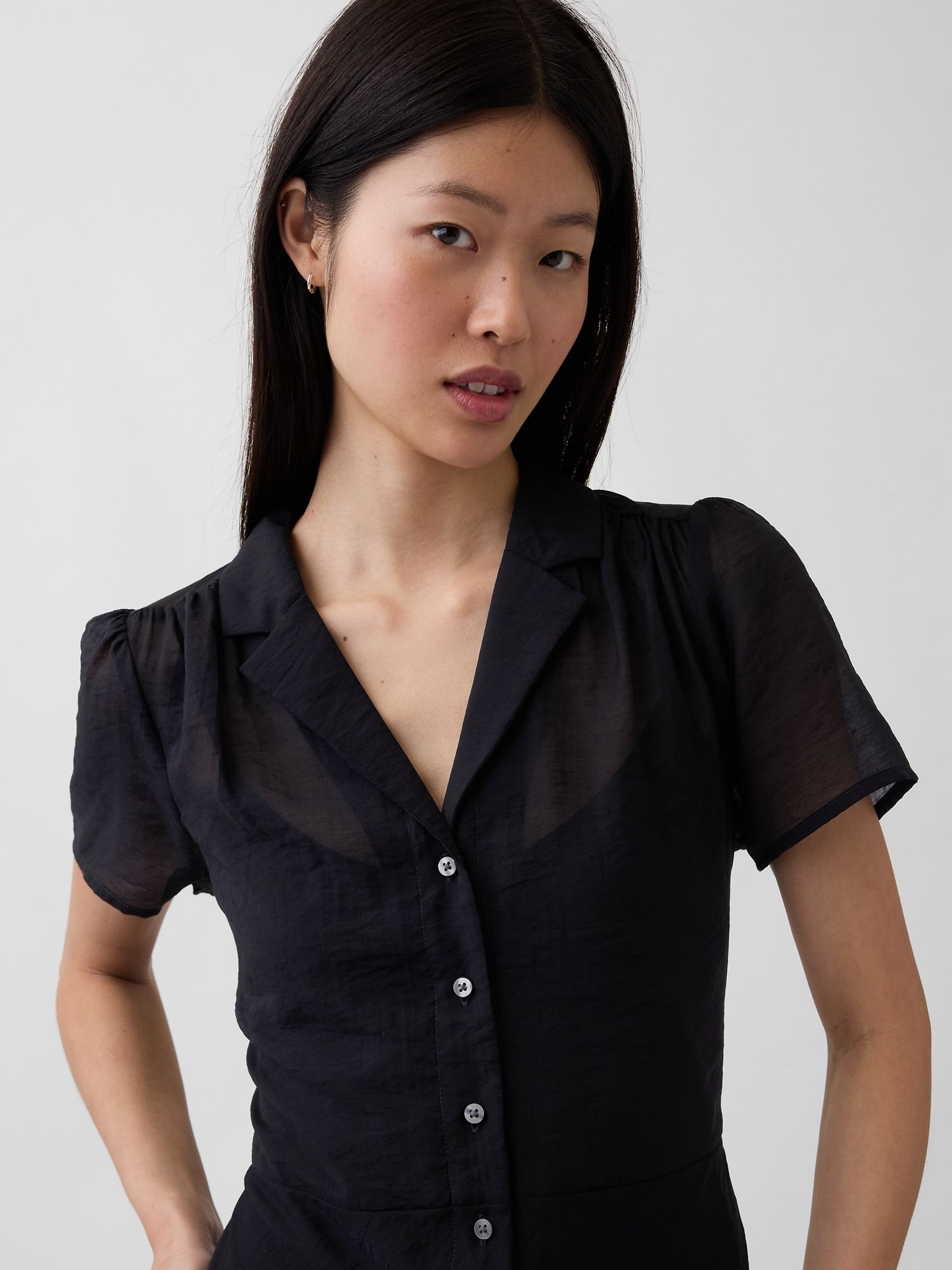 Black Sheer Midi Shirt Dress - Image 4 of 4