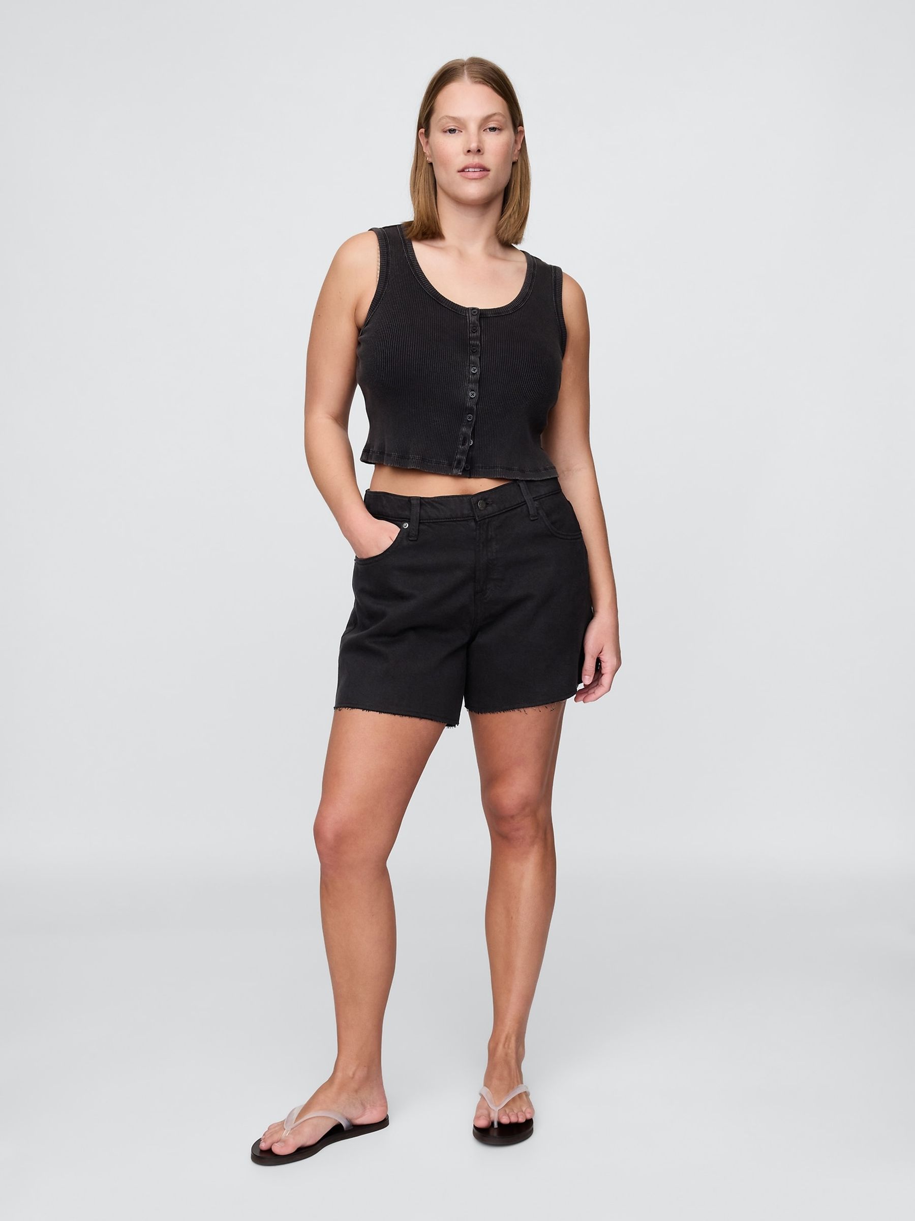 Black 4inch Mid Rise UltraSoft Relaxed Cut off Shorts - Image 1 of 2