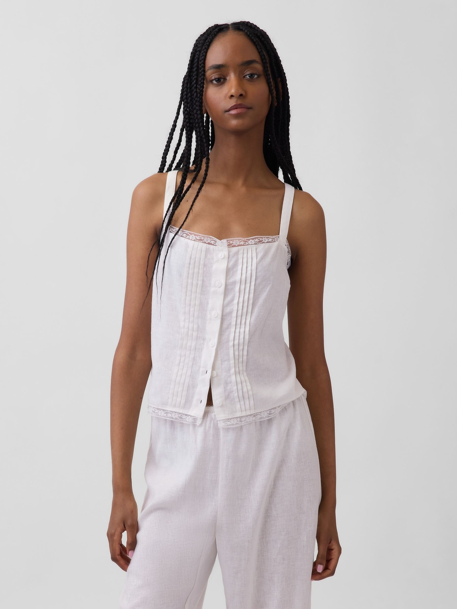 White Linen-Blend Pintuck Crop Pyjama Vest - Image 1 of 4