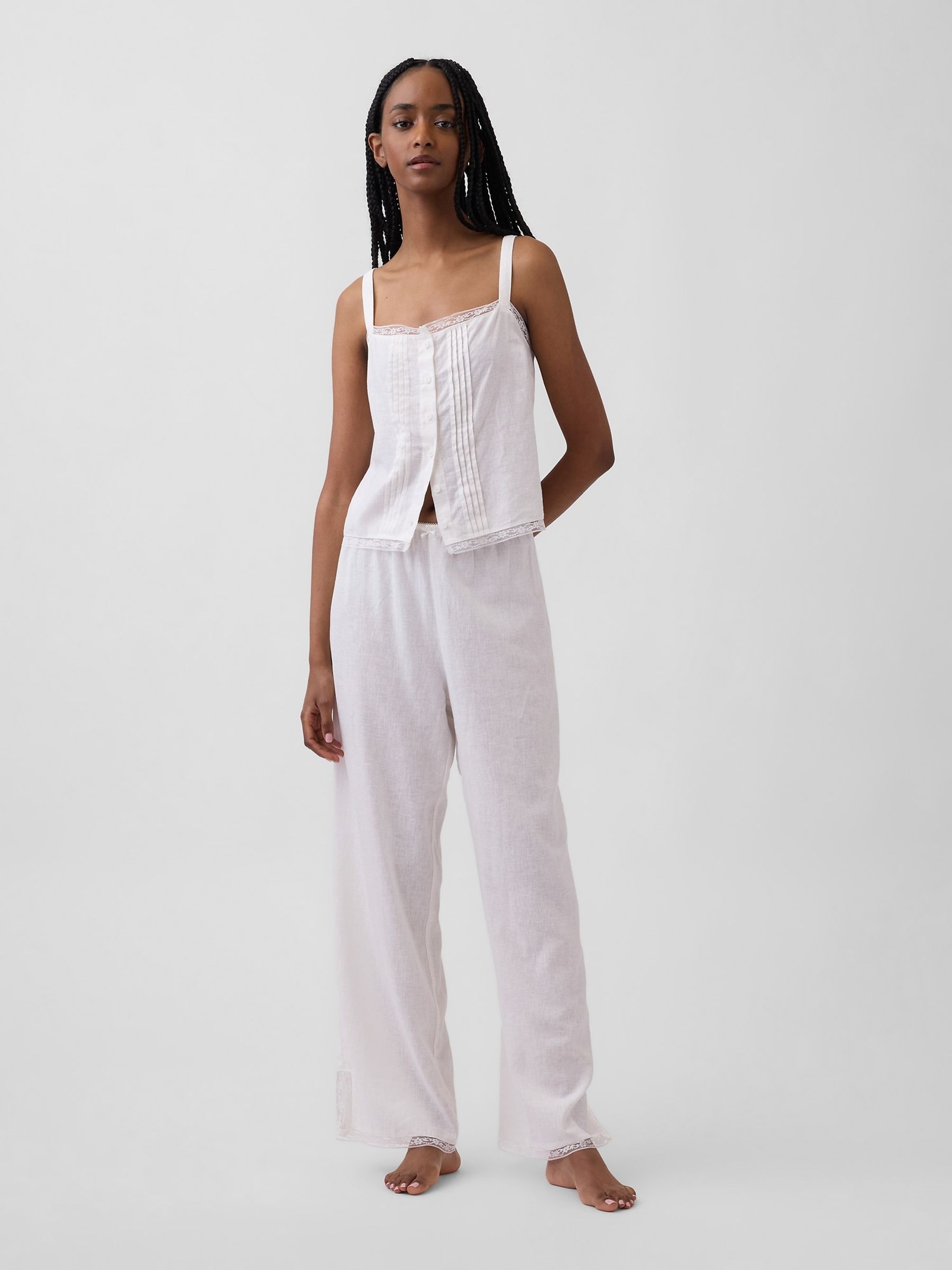 White Linen-Blend Pintuck Crop Pyjama Vest - Image 3 of 4
