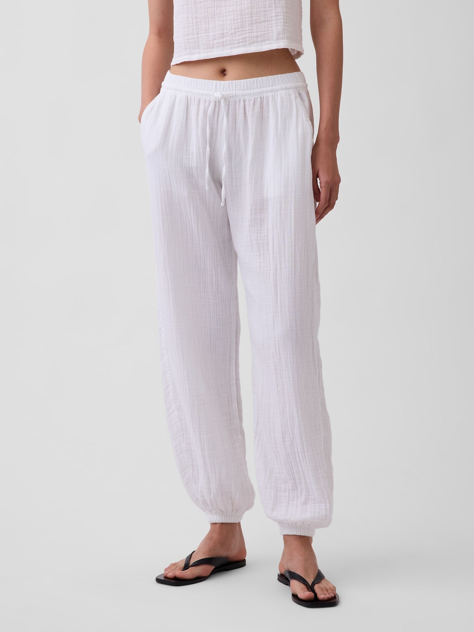 White Cotton Gauze Barrel Cuffed Trousers - Image 1 of 4
