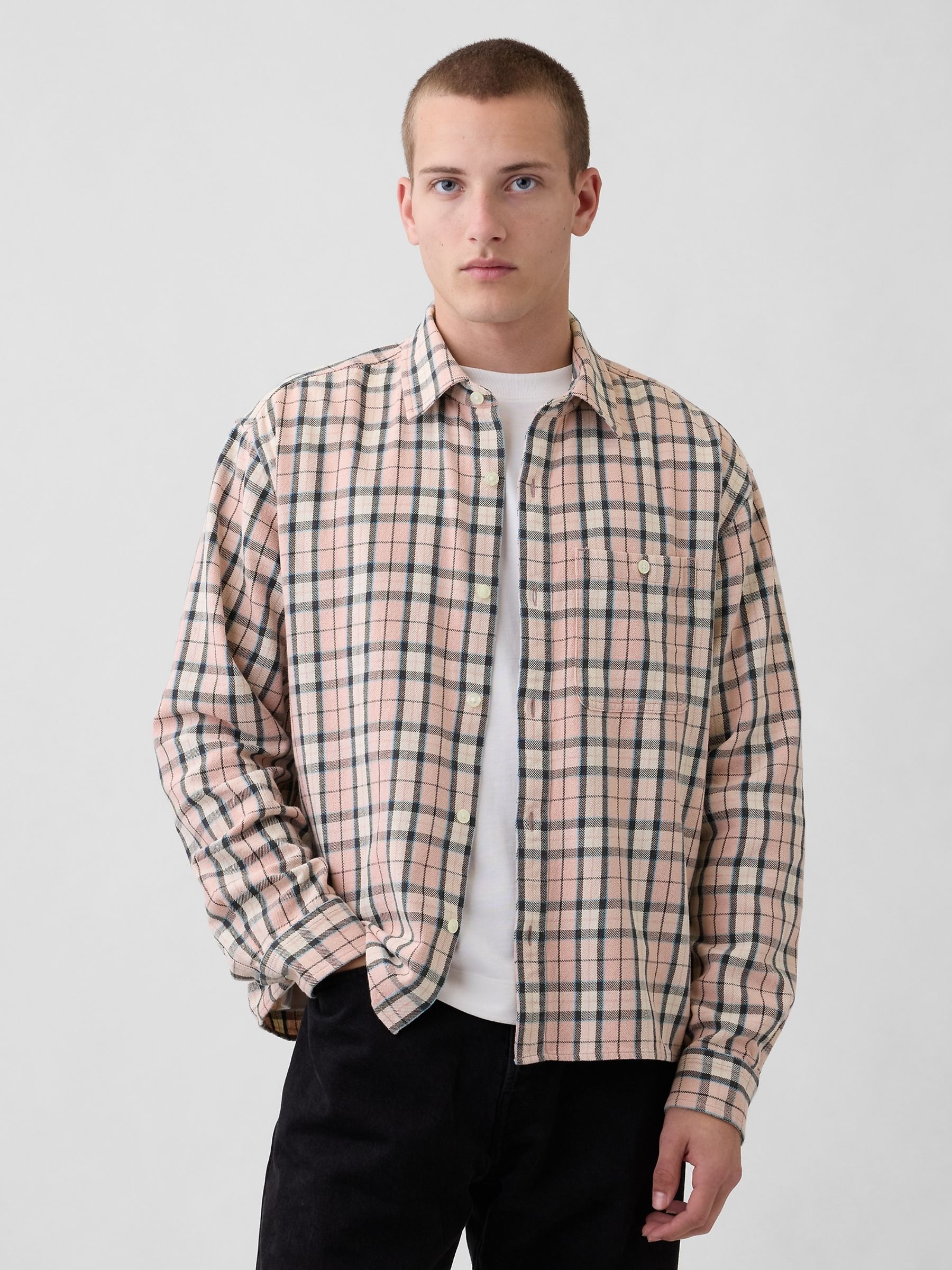 Pink Check Sunwashed Twill Straight-Hem Shirt - Image 1 of 4