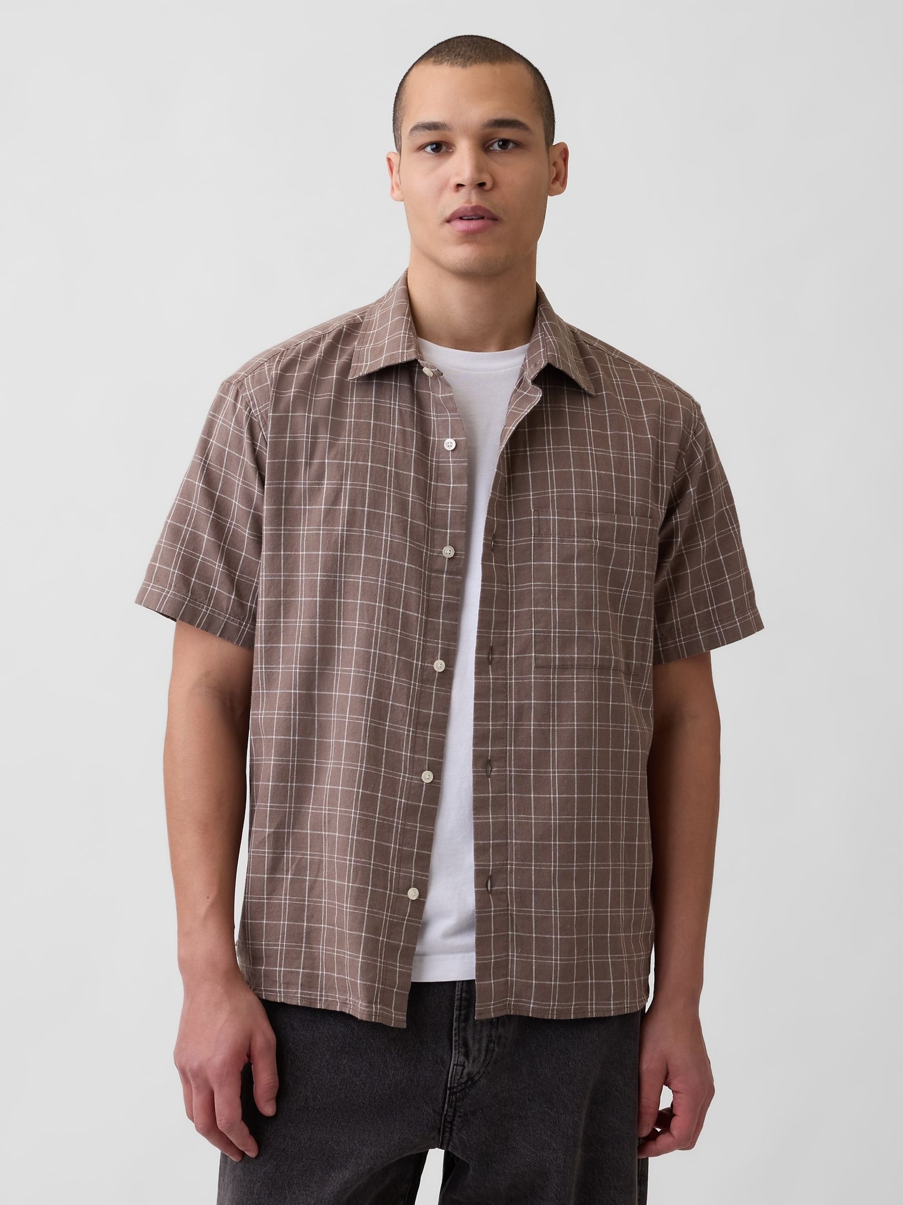Brown Check Textured Linen-Cotton Shirt - Image 1 of 4