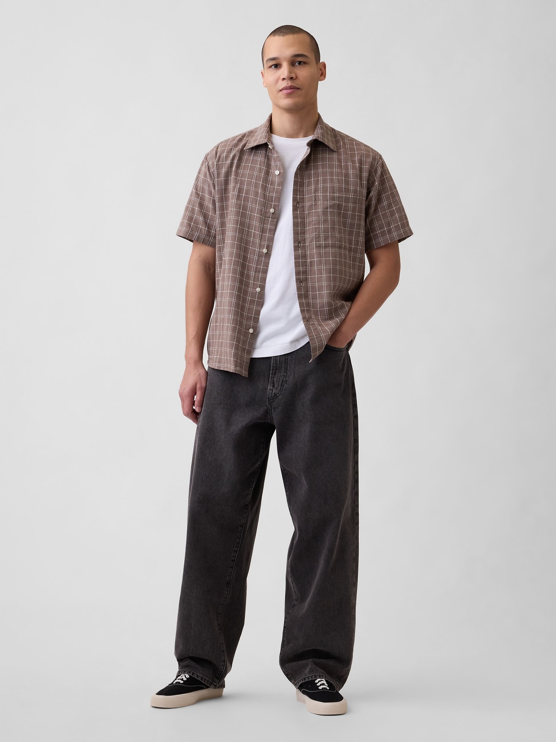 Brown Check Textured Linen-Cotton Shirt - Image 3 of 4